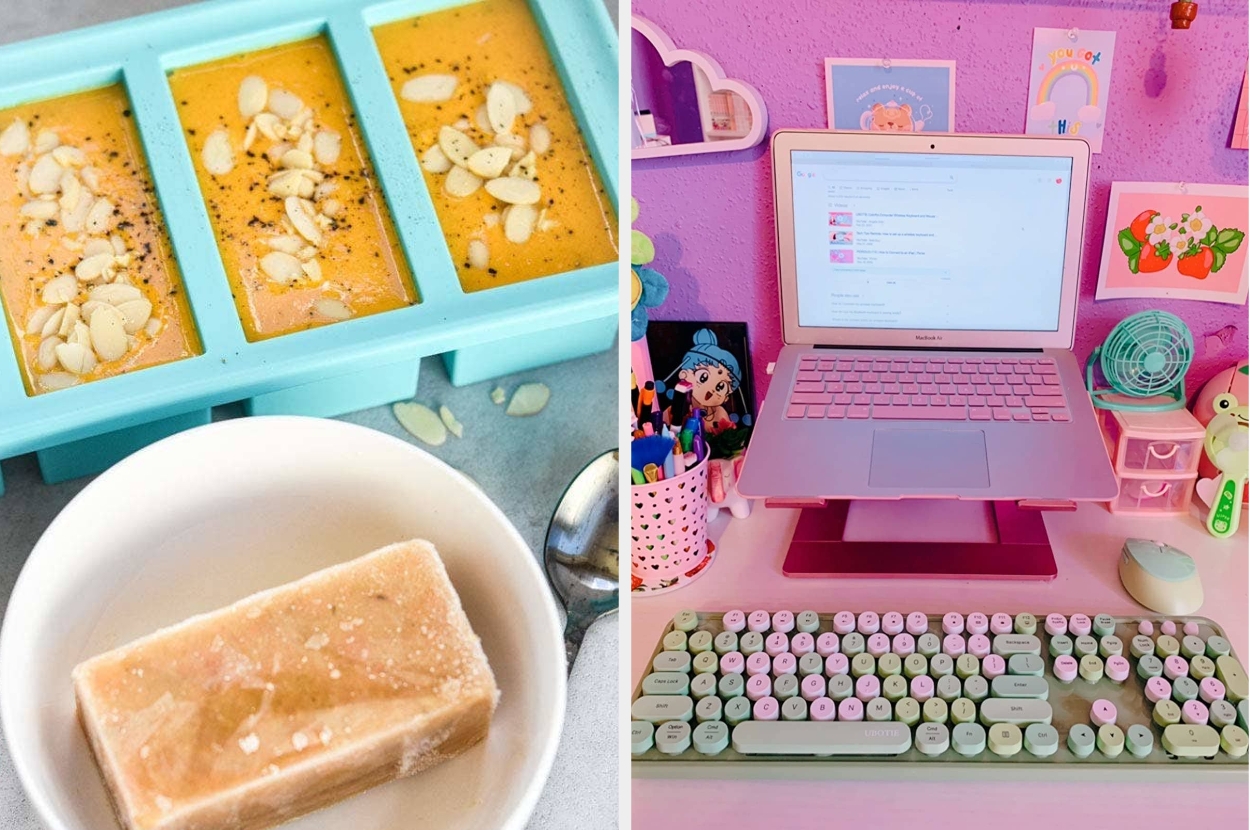 Left: frozen, portioned food. Right: A colorful desk setup with a pastel keyboard, laptop, and various decorations
