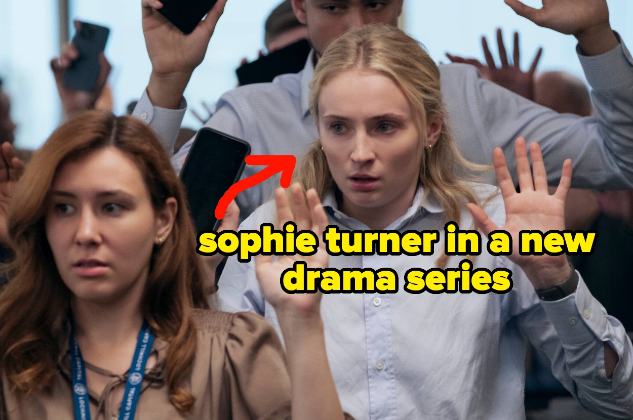 Woman with long hair raises hands, surrounded by people with phones. Text reads: "Sophie Turner in a new drama series."