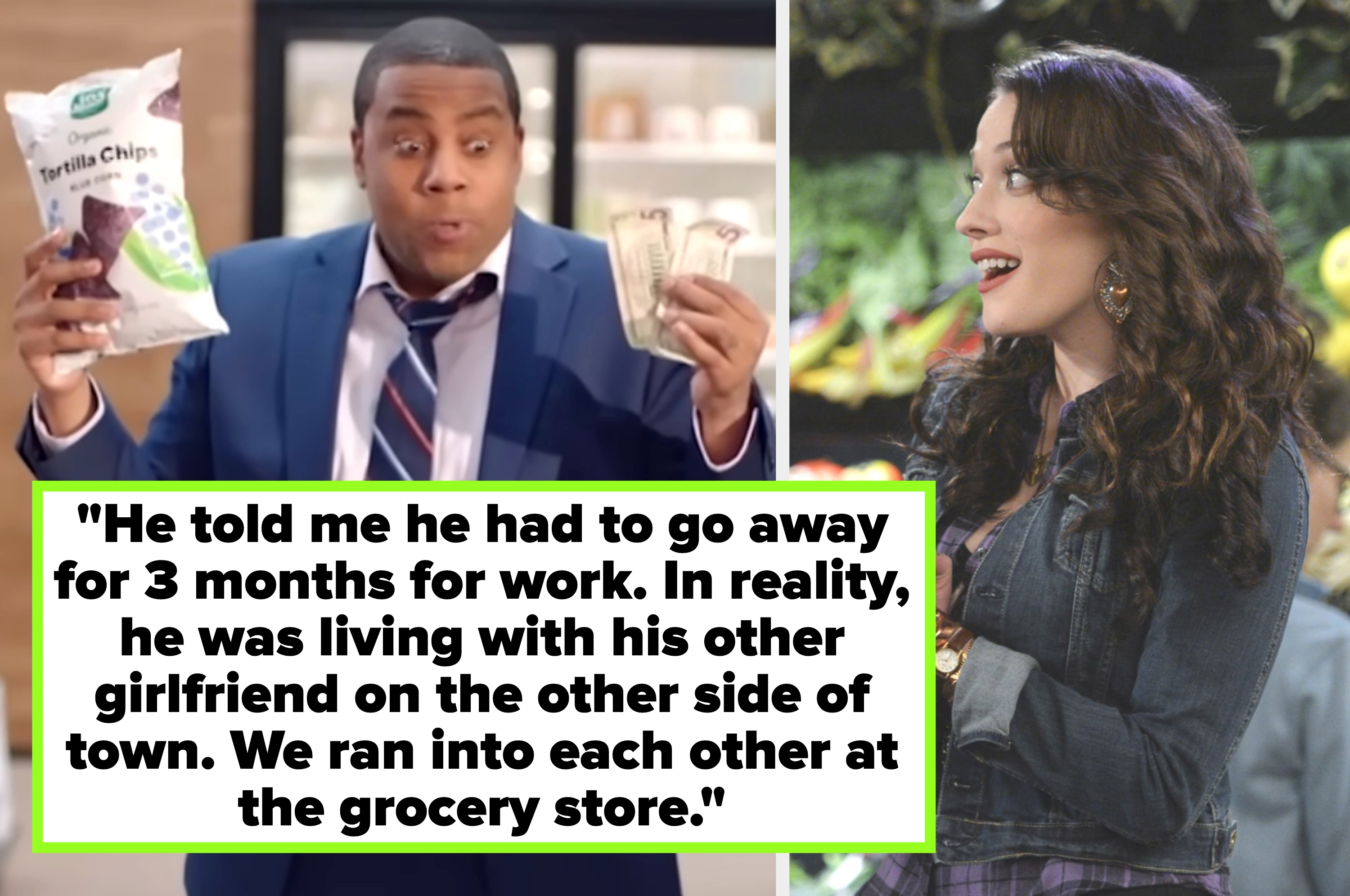 A man with chips and money and a surprised woman. Text about a man secretly living with another girlfriend, discovered at the grocery store