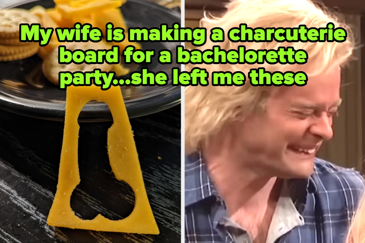 A cheese slice with a hole in a phallic shape next to a laughing reaction. Caption reads, "My wife is making a charcuterie board for a bachelorette party...she left me these"