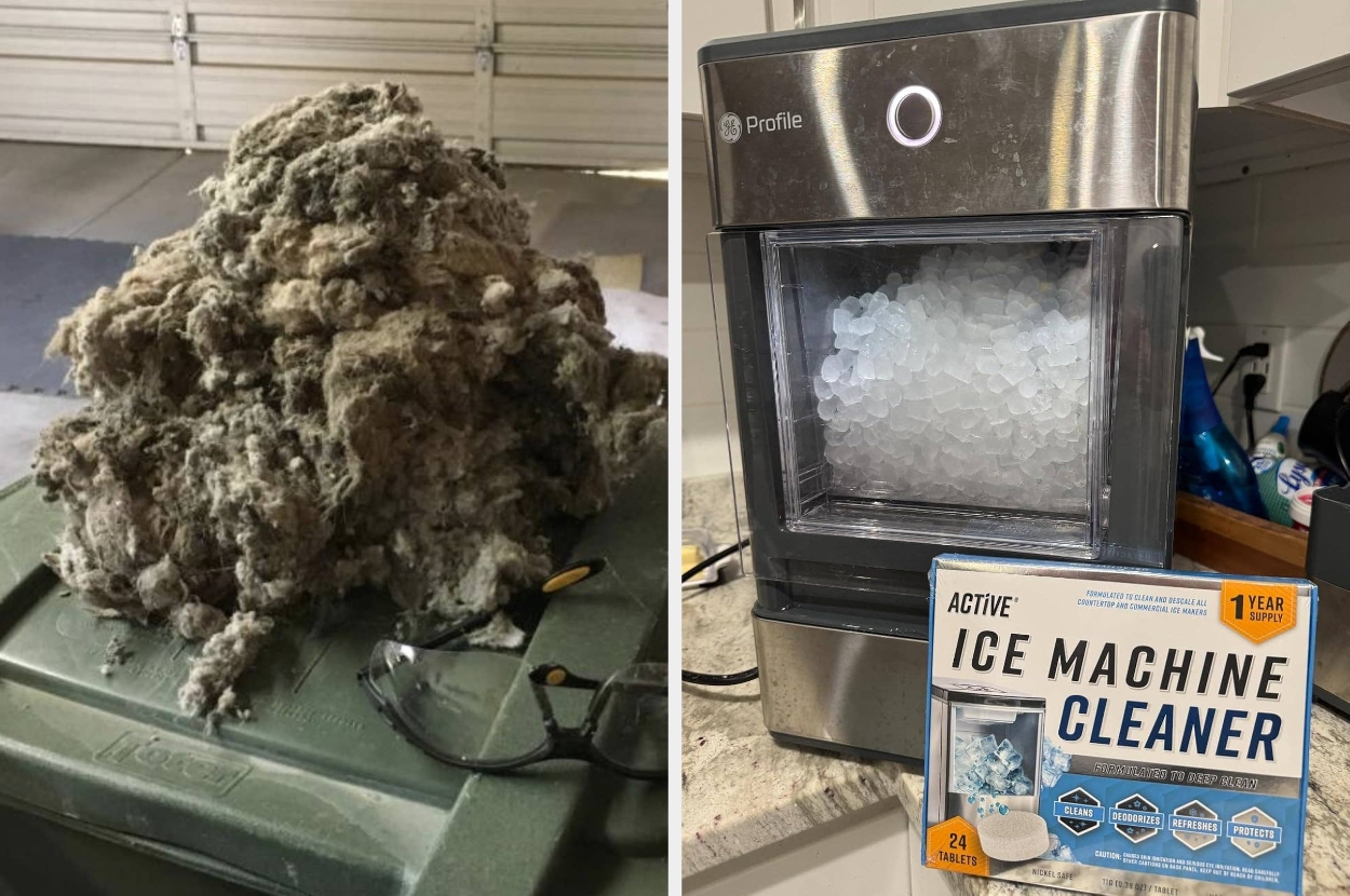 Left: Large pile of dryer lint on a trash bin; Right: Countertop ice maker with a box of cleaning product beside it