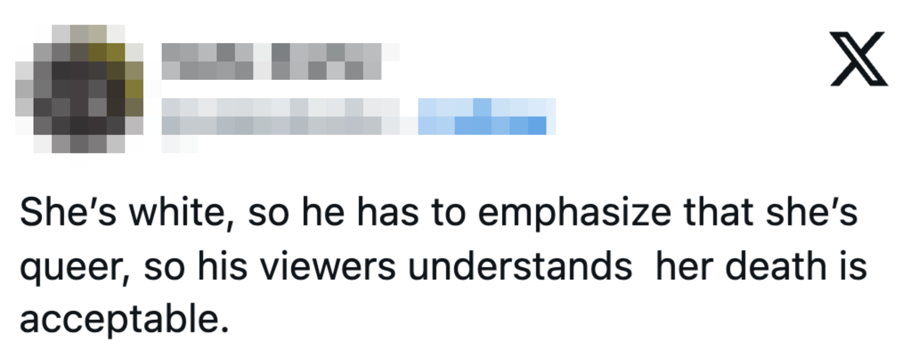 Tweet av Halle Kiefer som diskuterer vektleggingen av en karakters queerness for å rettferdiggjøre hennes død