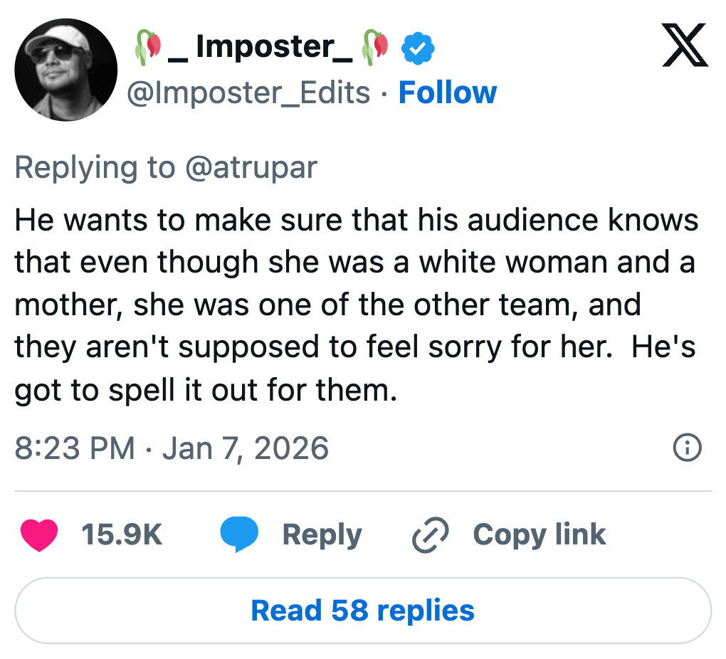 Tweet av bruker som diskuterer en hvit kvinnes rolle i et annet team, og fremhever at det ikke er behov for sympati, lagt ut 7. januar 2026, med engasjementmålinger
