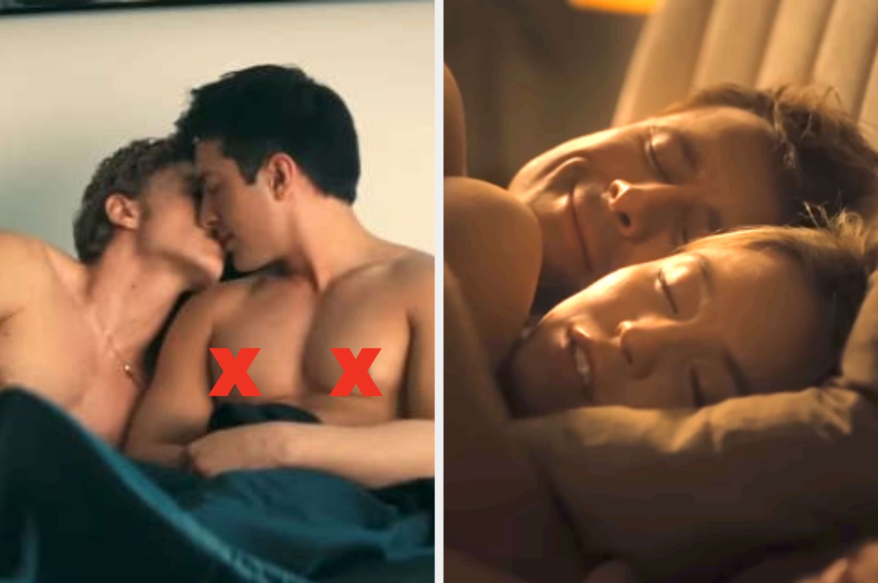 Two couples are in intimate embraces in separate settings, conveying romance and closeness