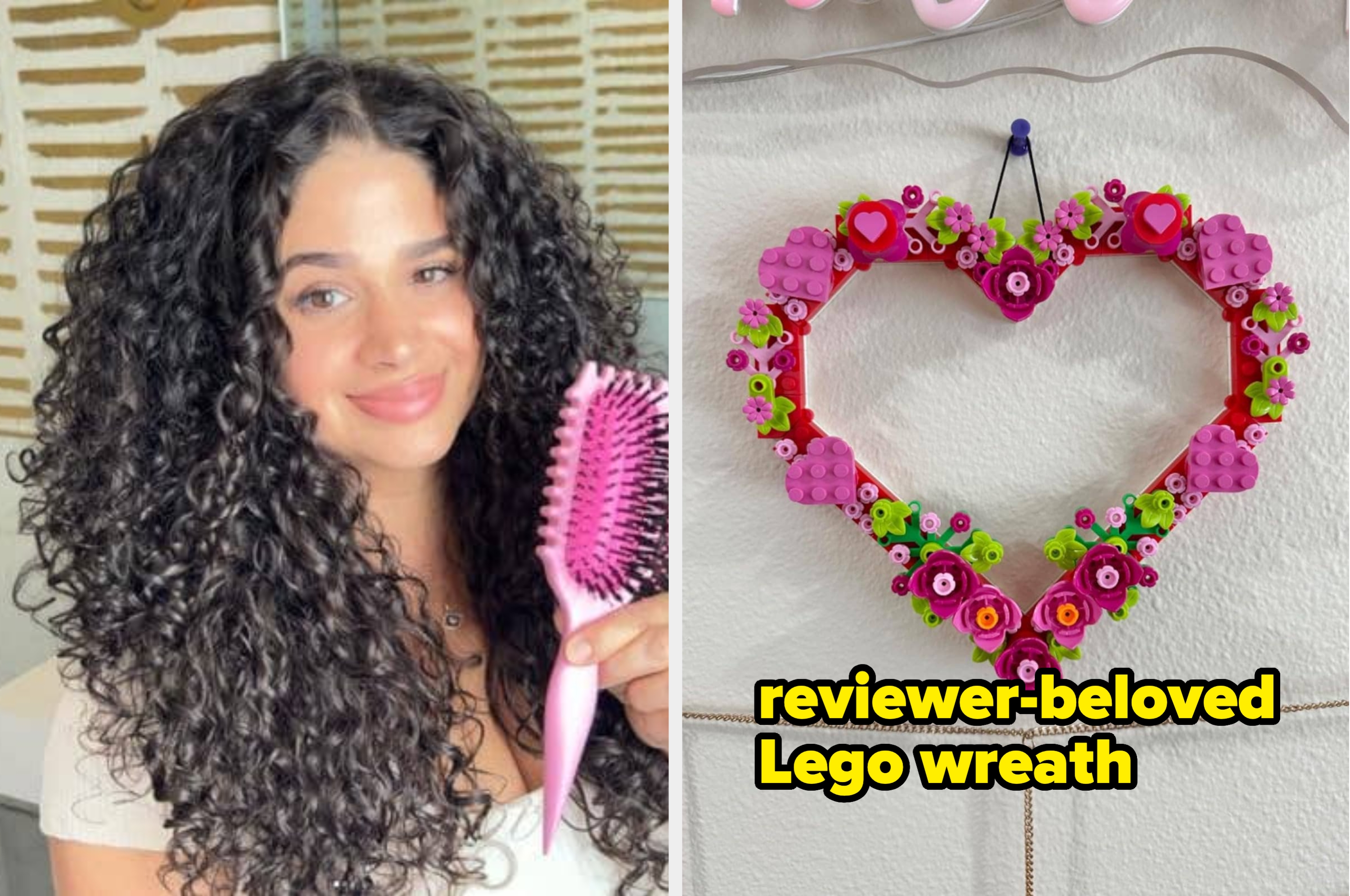 Person with long curly hair holding a pink hairbrush, next to a heart-shaped decoration adorned with flower designs