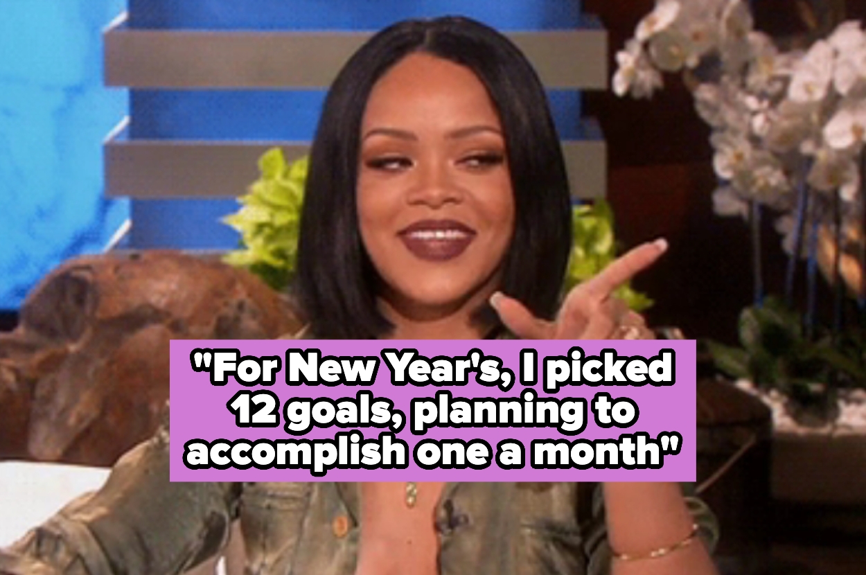 A person smiles while gesturing, with text: "For New Year's, I picked 12 goals, planning to accomplish one a month"