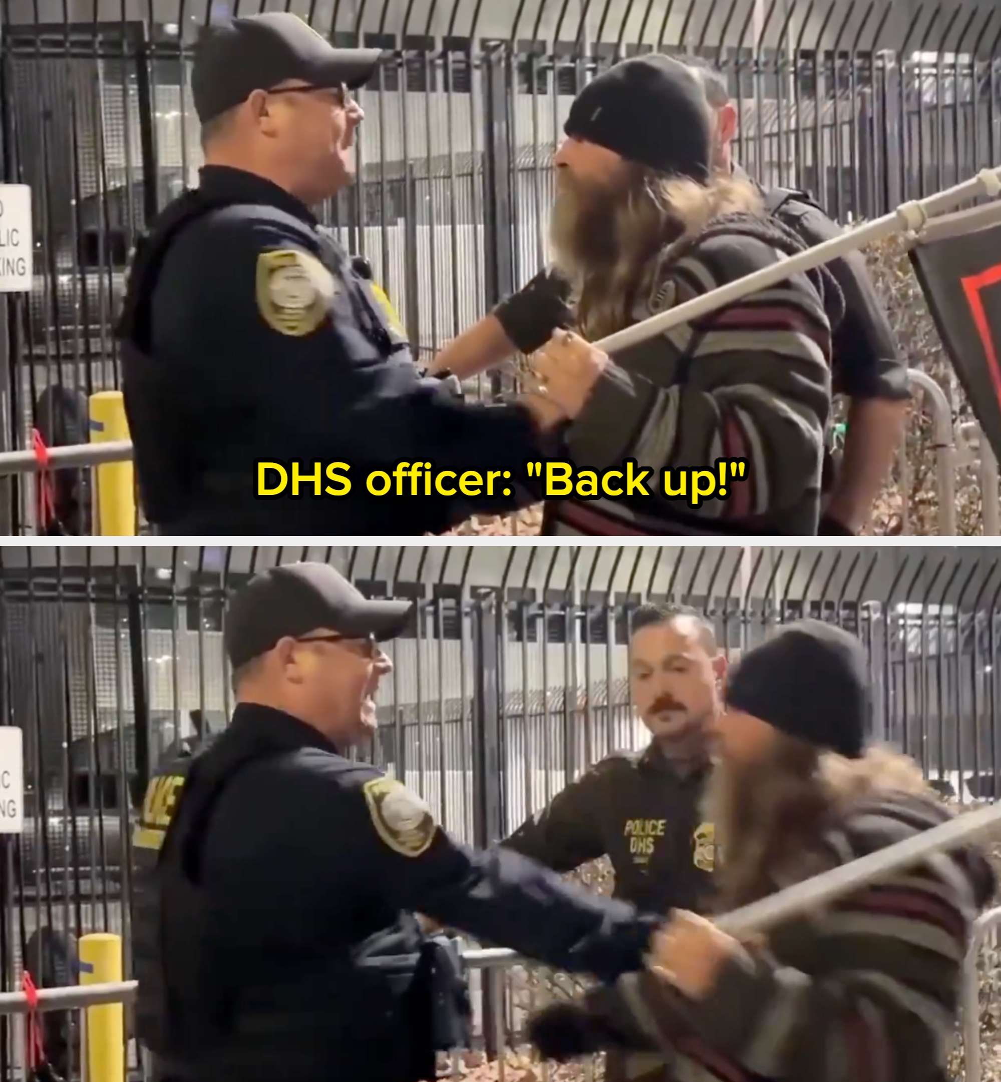 To politibetjenter holder fast en mann som holder en stang under en utendørs interaksjon nær et gjerde