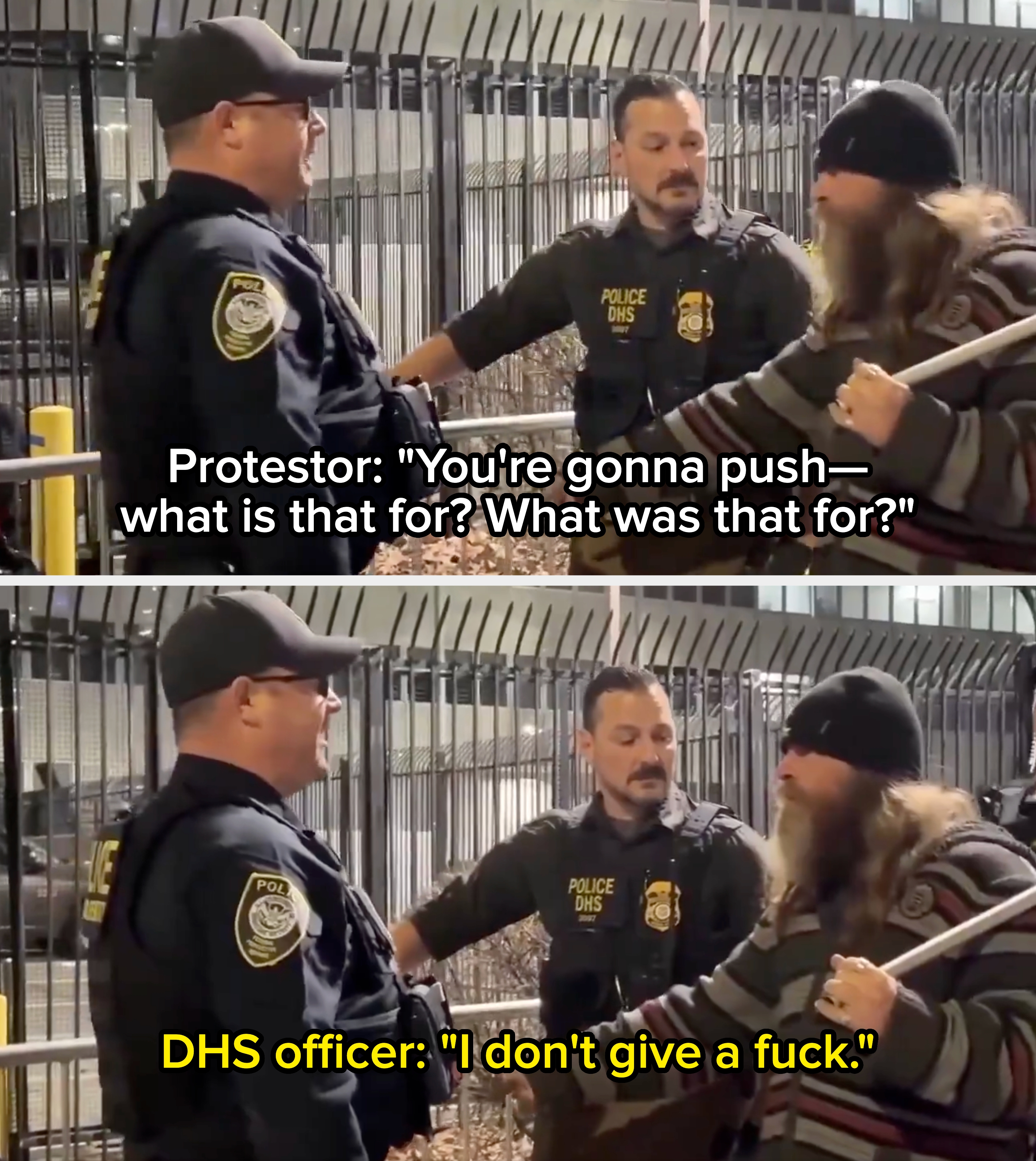 To politimenn går i kontakt med en person som holder en pinne utenfor et inngjerdet område om natten