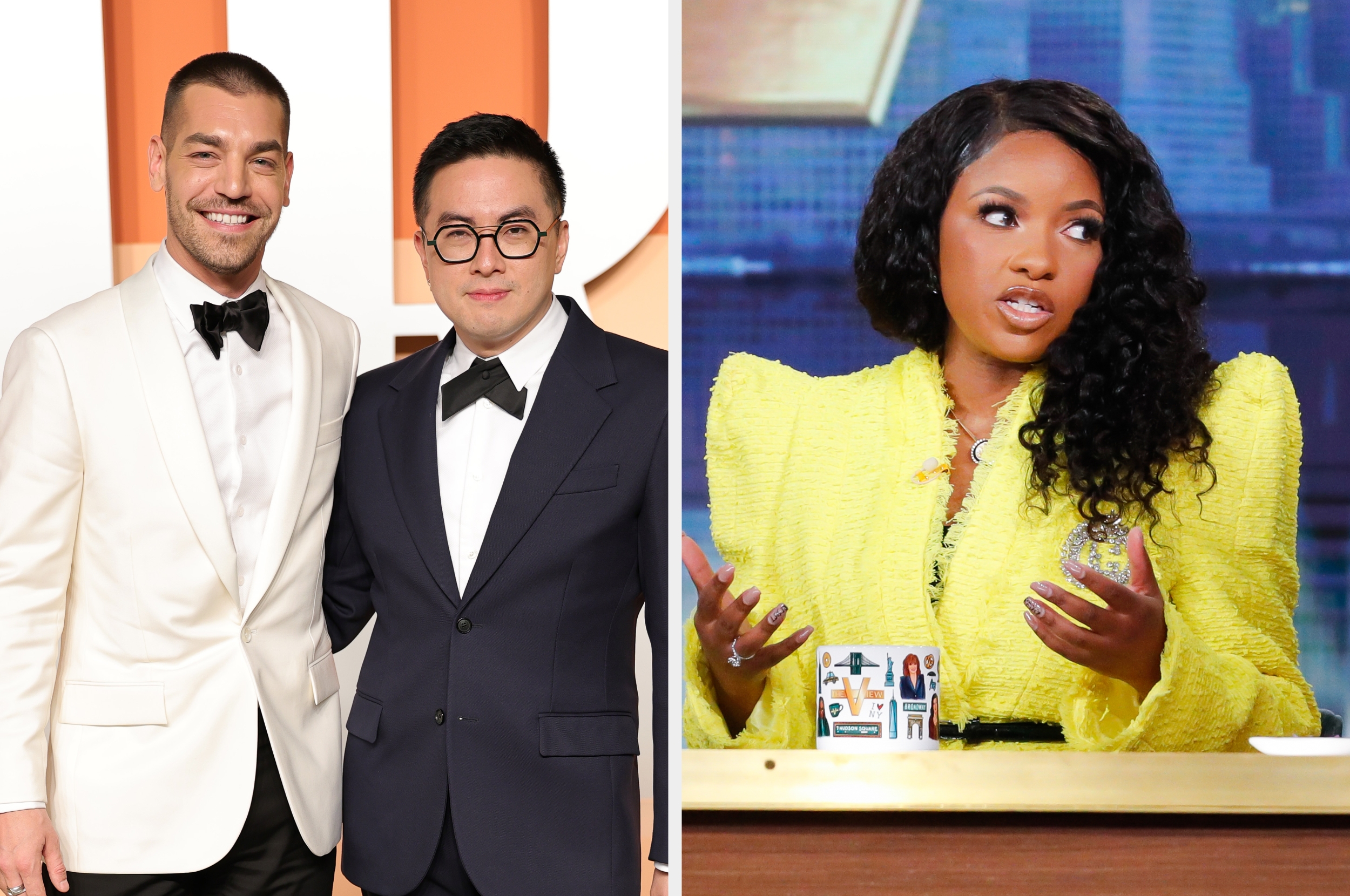 Two people in tuxedos on a red carpet; another person in a bright, tailored outfit speaking at a desk