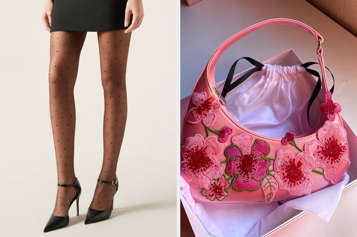 A model wears sheer polka dot tights with heels. A pink handbag adorned with floral embroidery is displayed beside a gift box
