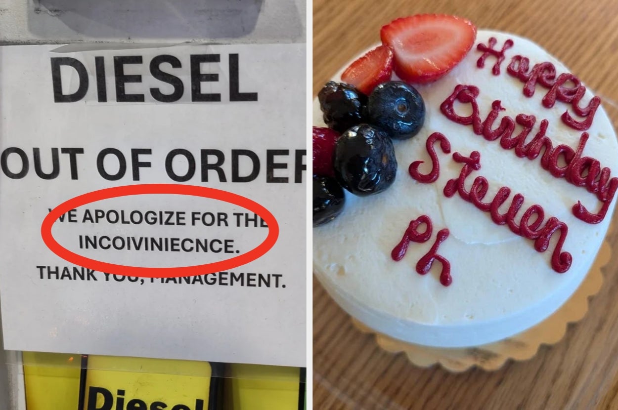 Left: Sign with misspelled word "INCONVINIENCE." Right: Cake with "Happy Birthday Steven Ph" in icing, topped with berries