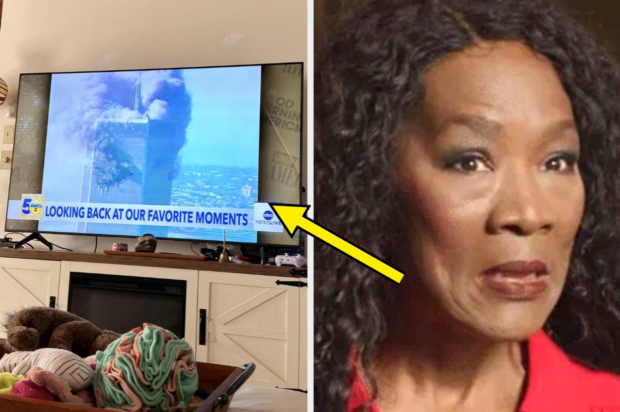 A news broadcast screen shows 9/11 footage, with "LOOKING BACK AT OUR FAVORITE MOMENTS" captioned. A surprised woman's face is shown beside it