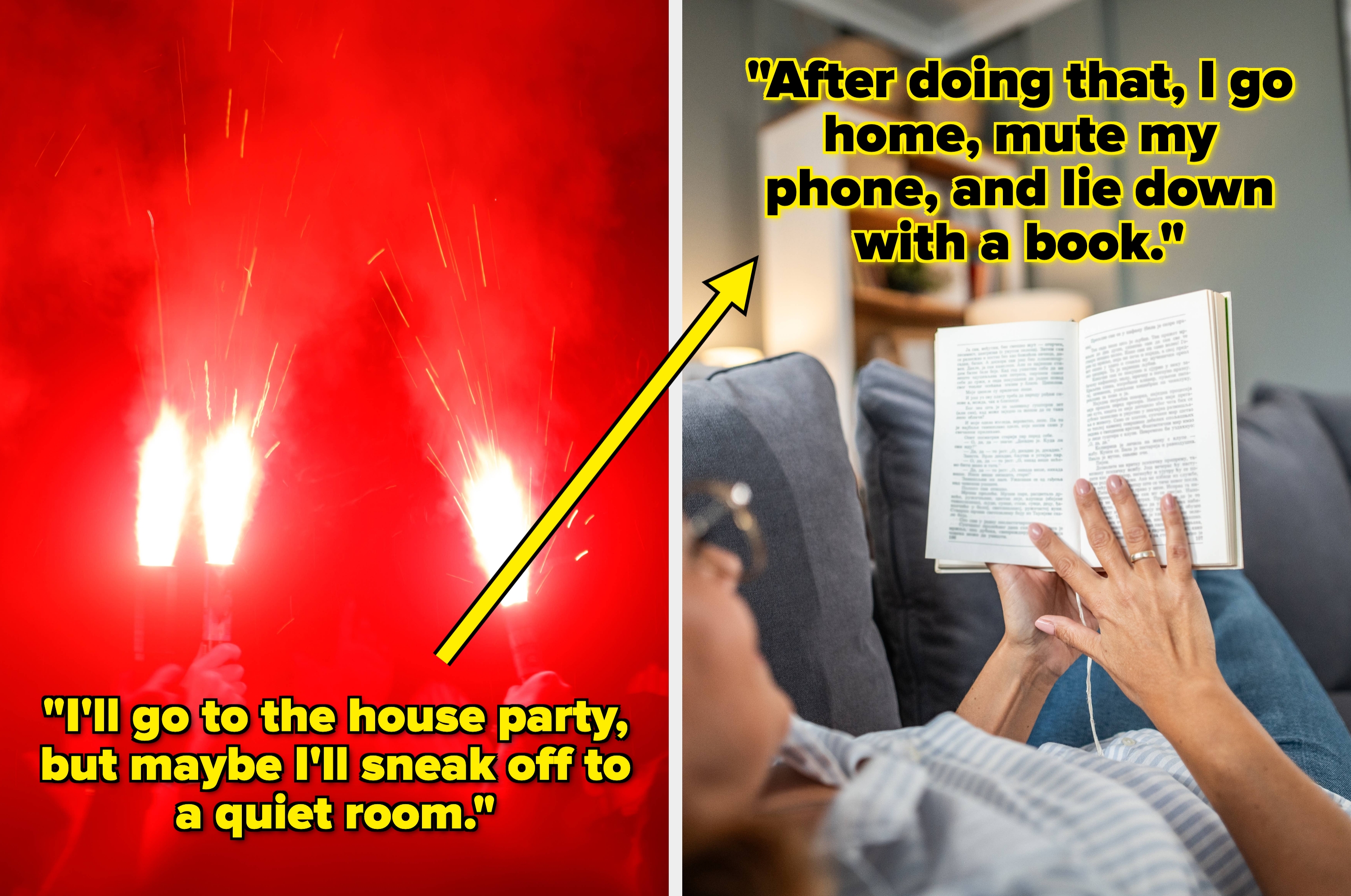 Left image: Bright flares in the dark with text about sneaking off at parties. Right image: Person relaxing with a book at home, text about unwinding