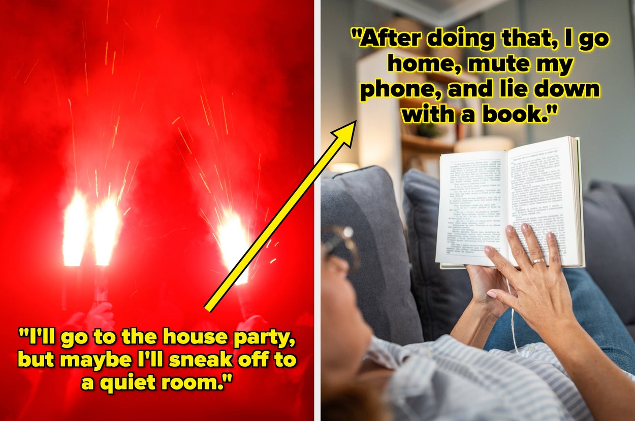 Left image: Bright flares in the dark with text about sneaking off at parties. Right image: Person relaxing with a book at home, text about unwinding