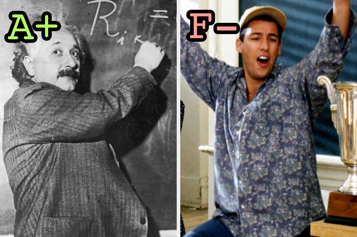 Two photos: Albert Einstein writing on a chalkboard, and a person with a hat and floral shirt celebrating next to a trophy indoors