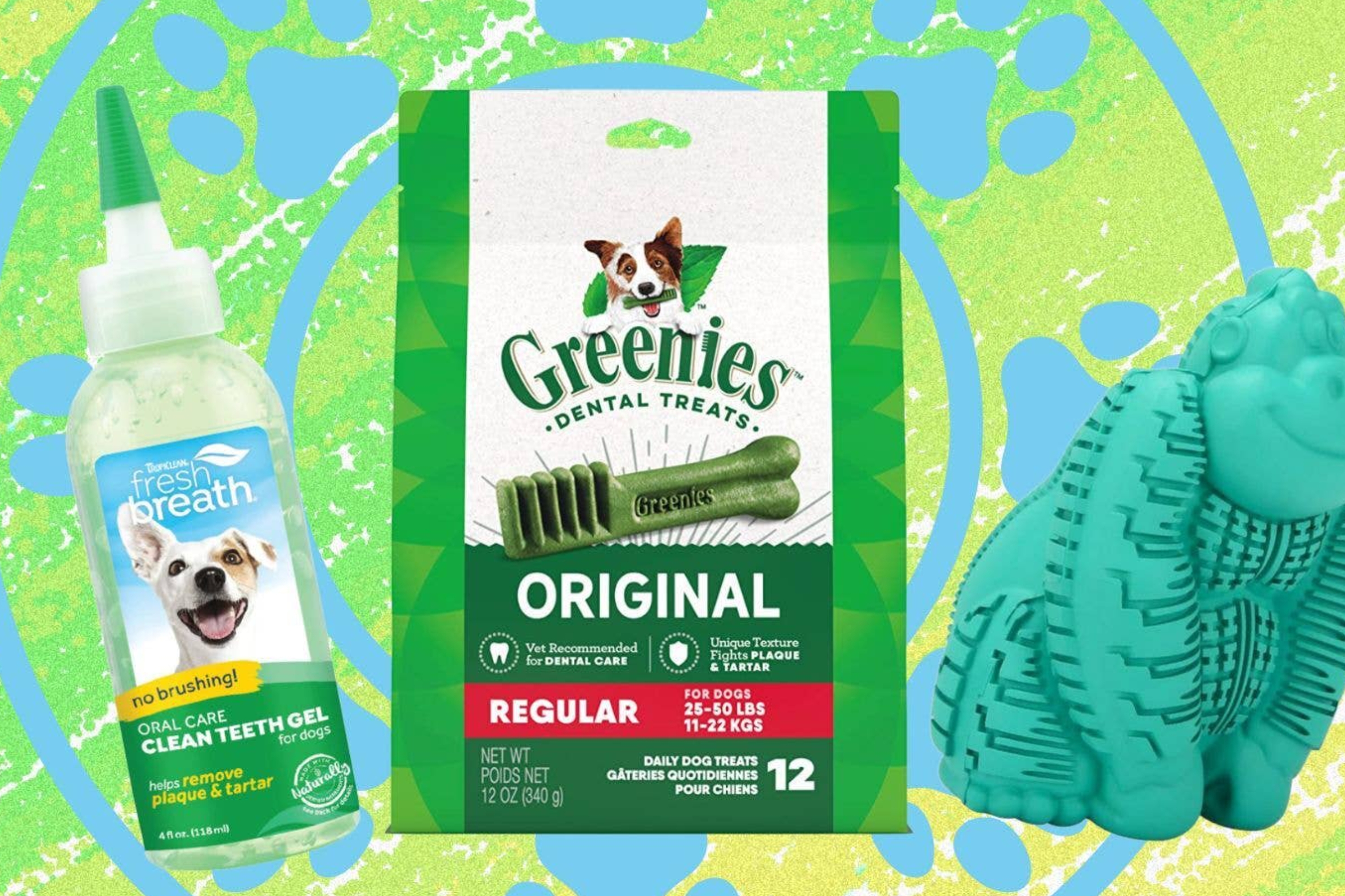 A no-brush dental gel, a pack of popular dental chews and a grooved dental chew toy.