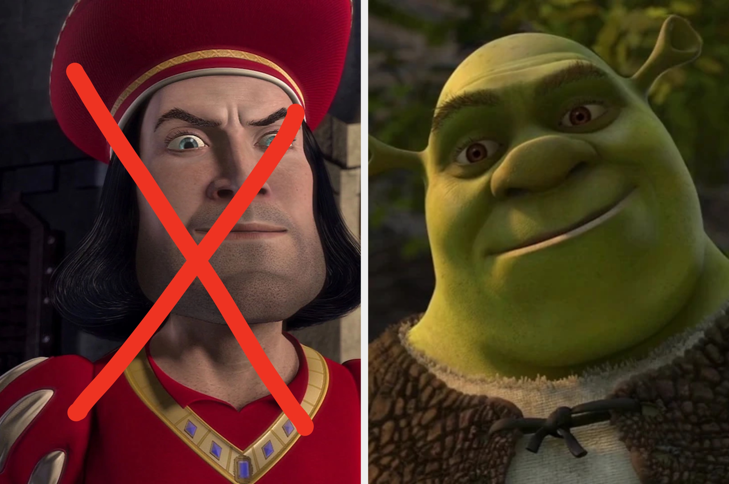 Lord Farquaad with a red X over his face next to Shrek smiling warmly