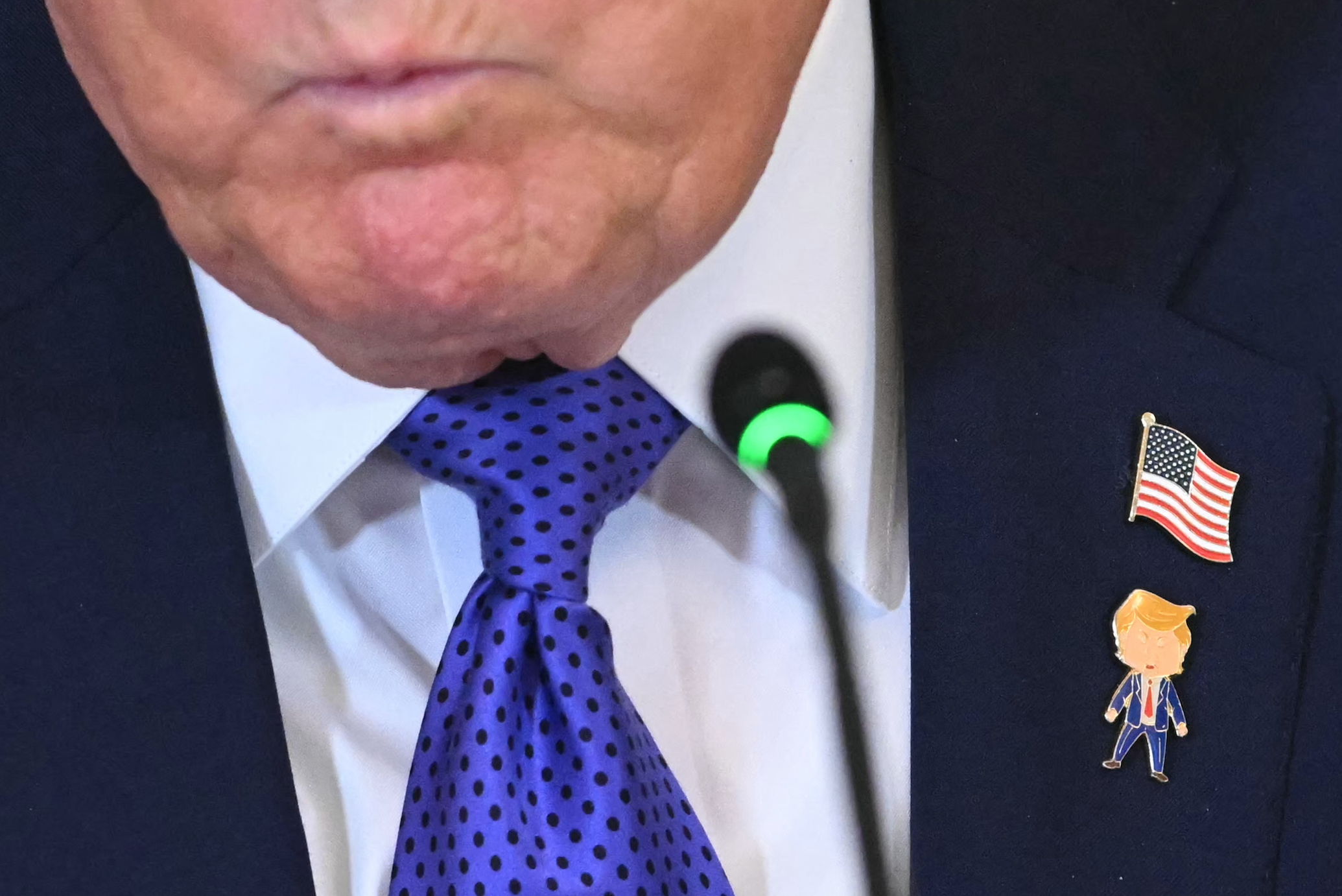 En person i dress med stiplet slips er i nærheten av en mikrofon. En amerikansk flaggnål og en nål som ligner en tegneseriefigur er på drakten