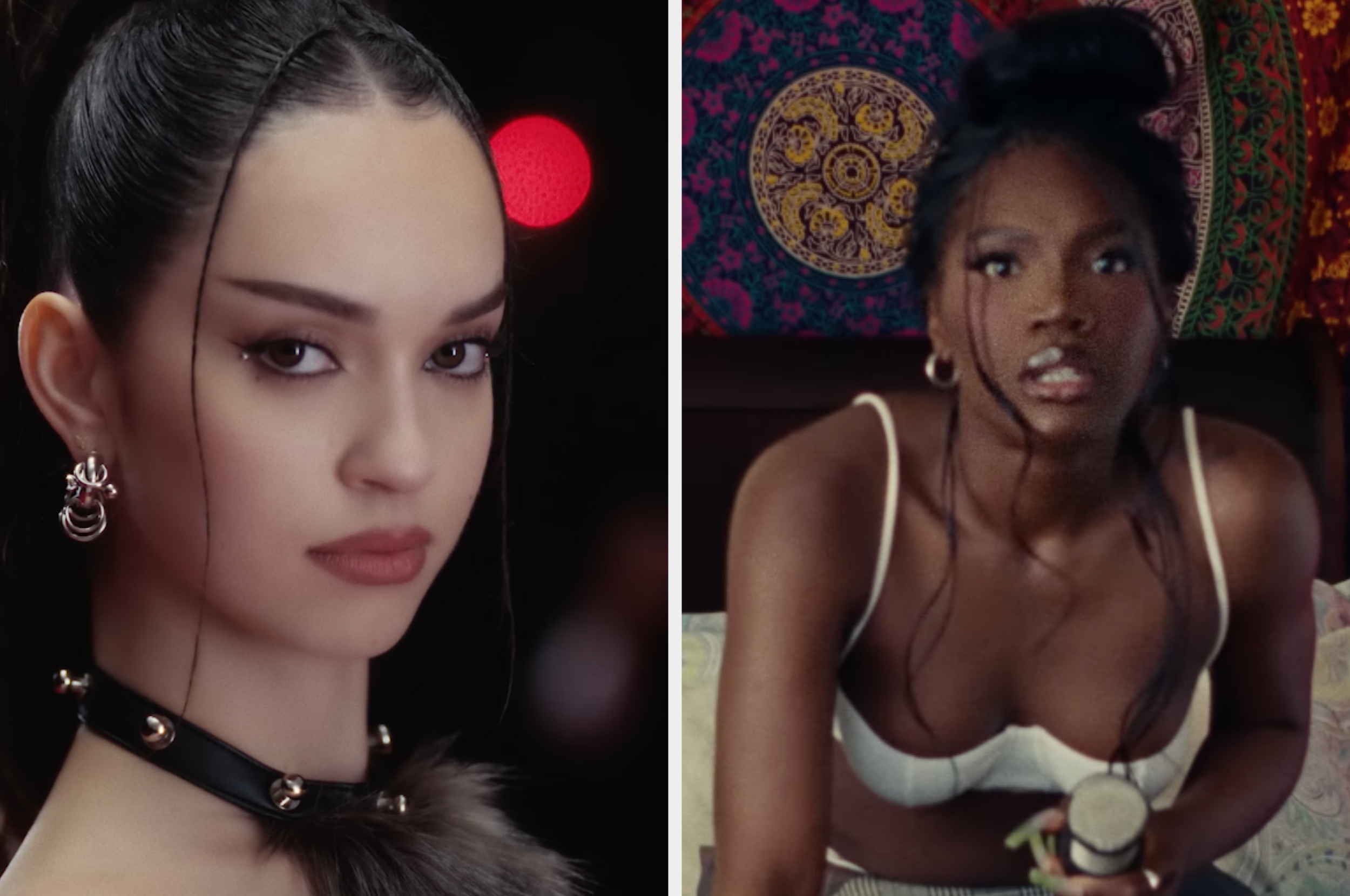 Two women in separate images: left, woman with slicked-back hair and studded choker; right, woman in a bralette, seated indoors with a microphone