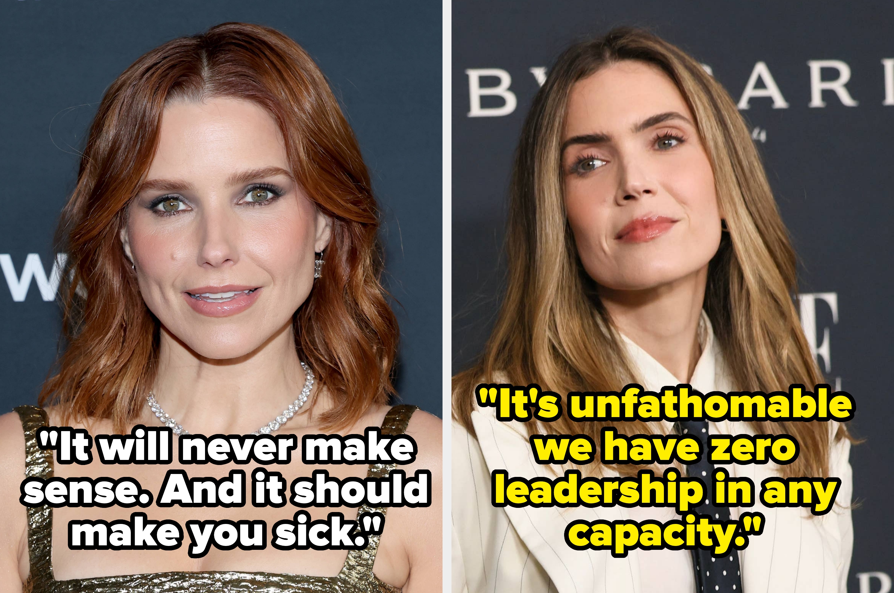Two women at an event; one in a metallic gown with loose waves, the other in a strapless dress with an updo and jeweled necklace