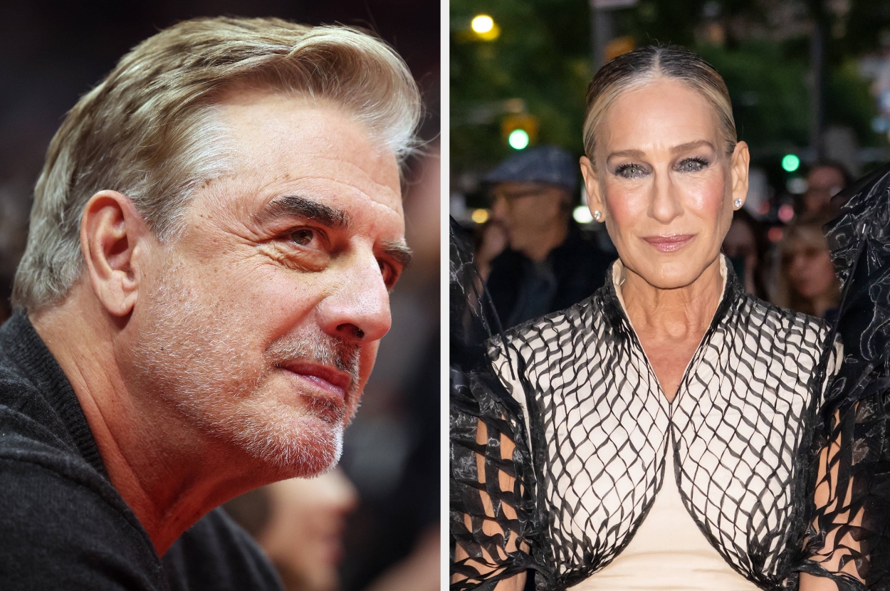 Chris Noth up close vs Sarah Jessica Parker in a chic, geometric-patterned outfit