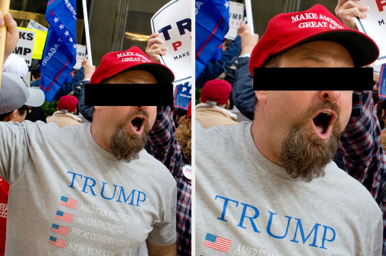 Man in a Trump-themed shirt and hat shouts amidst a crowd holding protest signs, possibly at a political rally