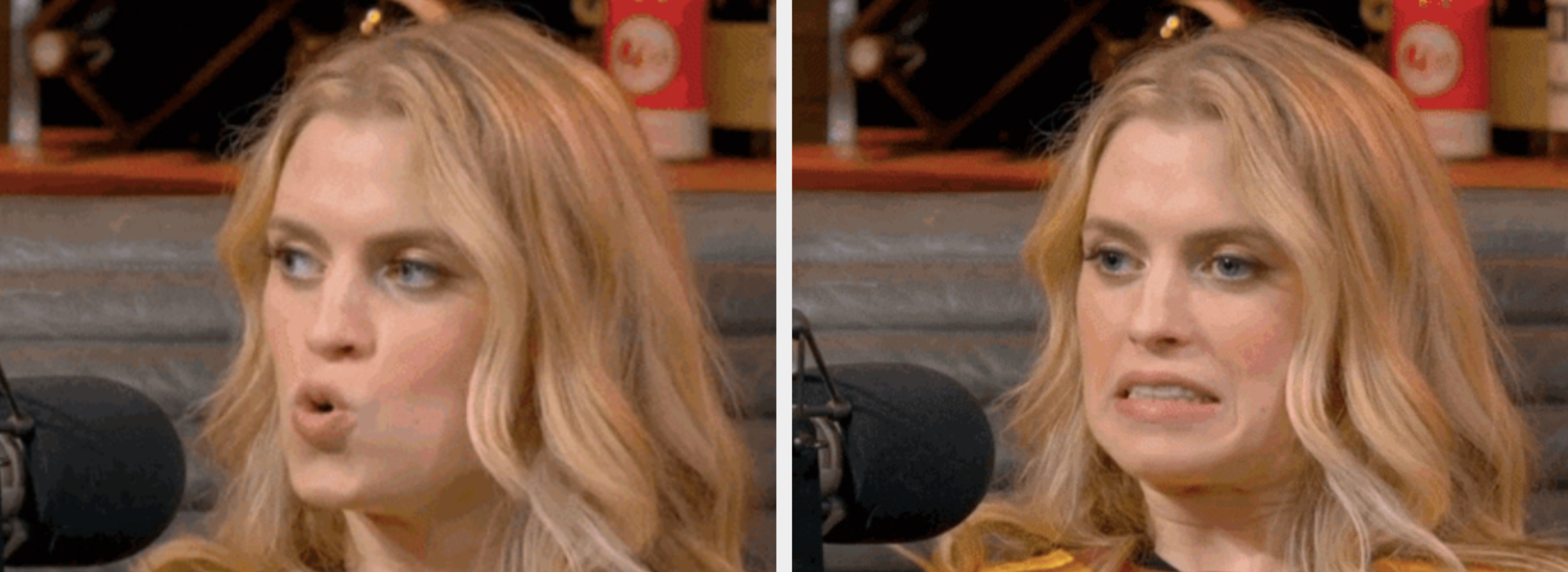 A idiosyncratic   with agelong  hairsbreadth  sits astatine  a microphone with a tense facial expression, wearing a striped shirt