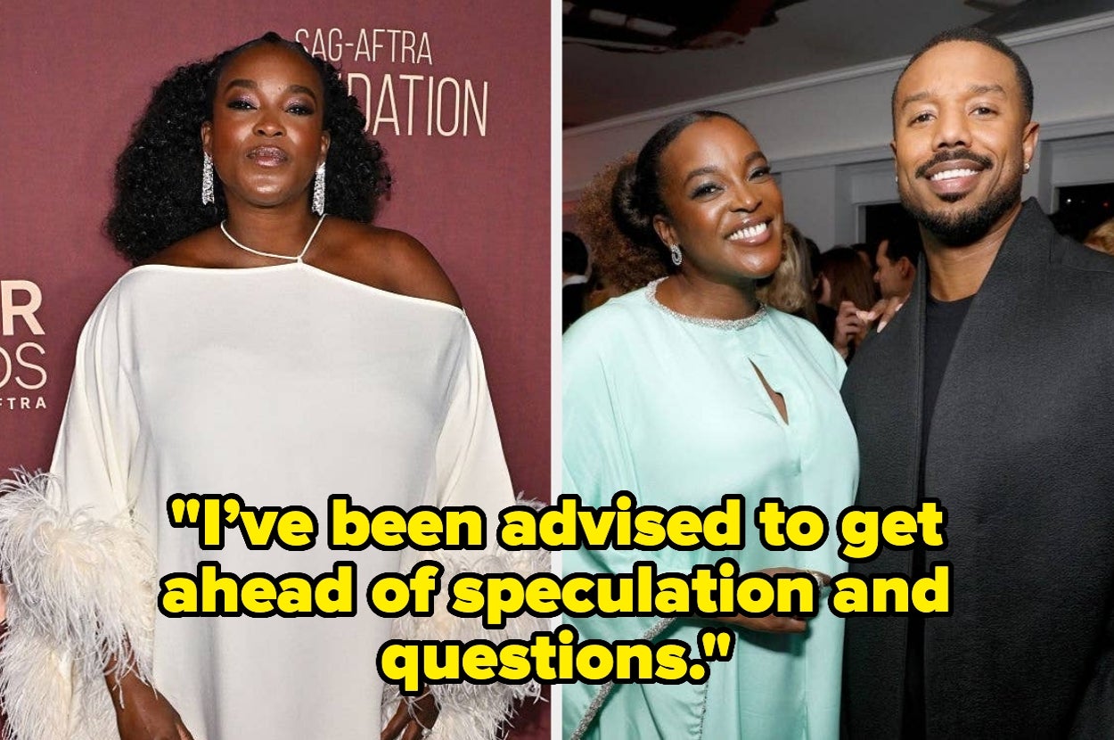 Two side-by-side images of a woman on the red carpet in a white dress and with a man and a woman indoors. Quote: "I've been advised to get ahead of speculation and questions."