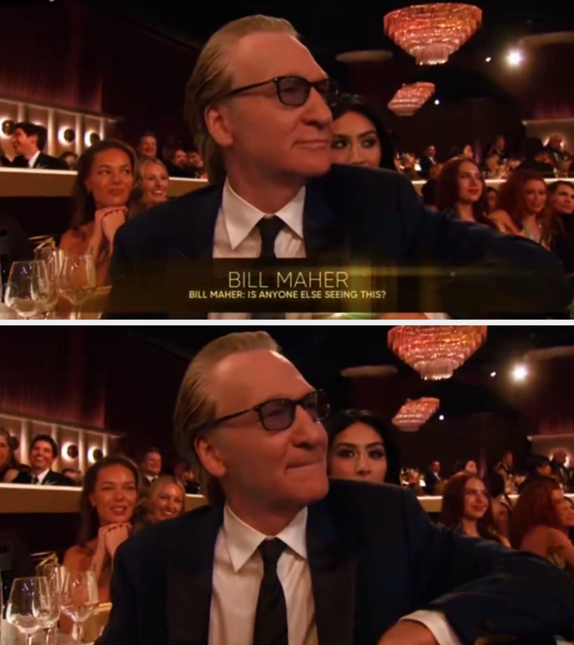 Bill Maher successful a suit sits astatine an event, looking forward