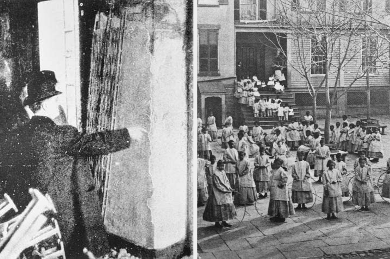 Two historical black and white photos: left shows a man entering a dark doorway; right shows a group of women standing outside, with more women on stairs