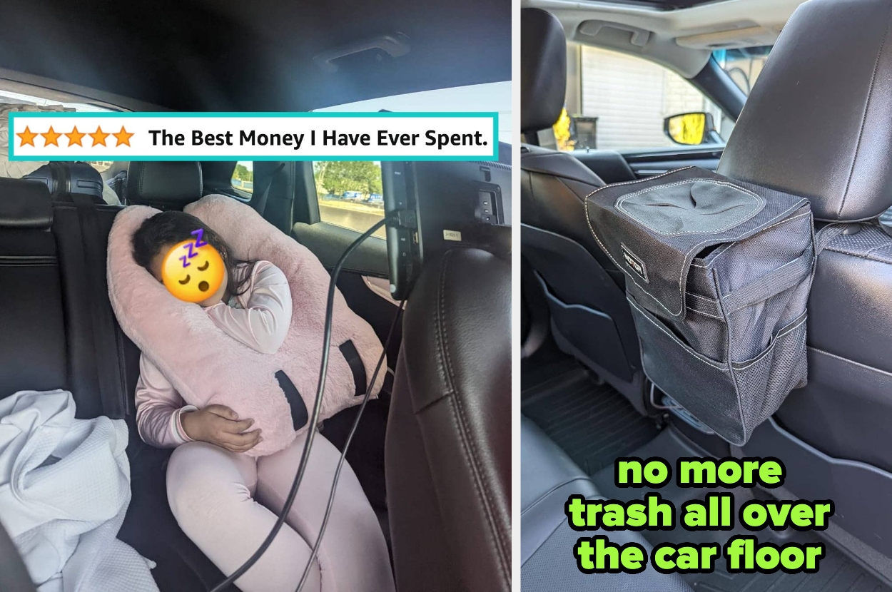 Child sleeping comfortably with a travel neck pillow in a car seat, next to an image of a car trash bin labeled "no more trash all over the car floor."