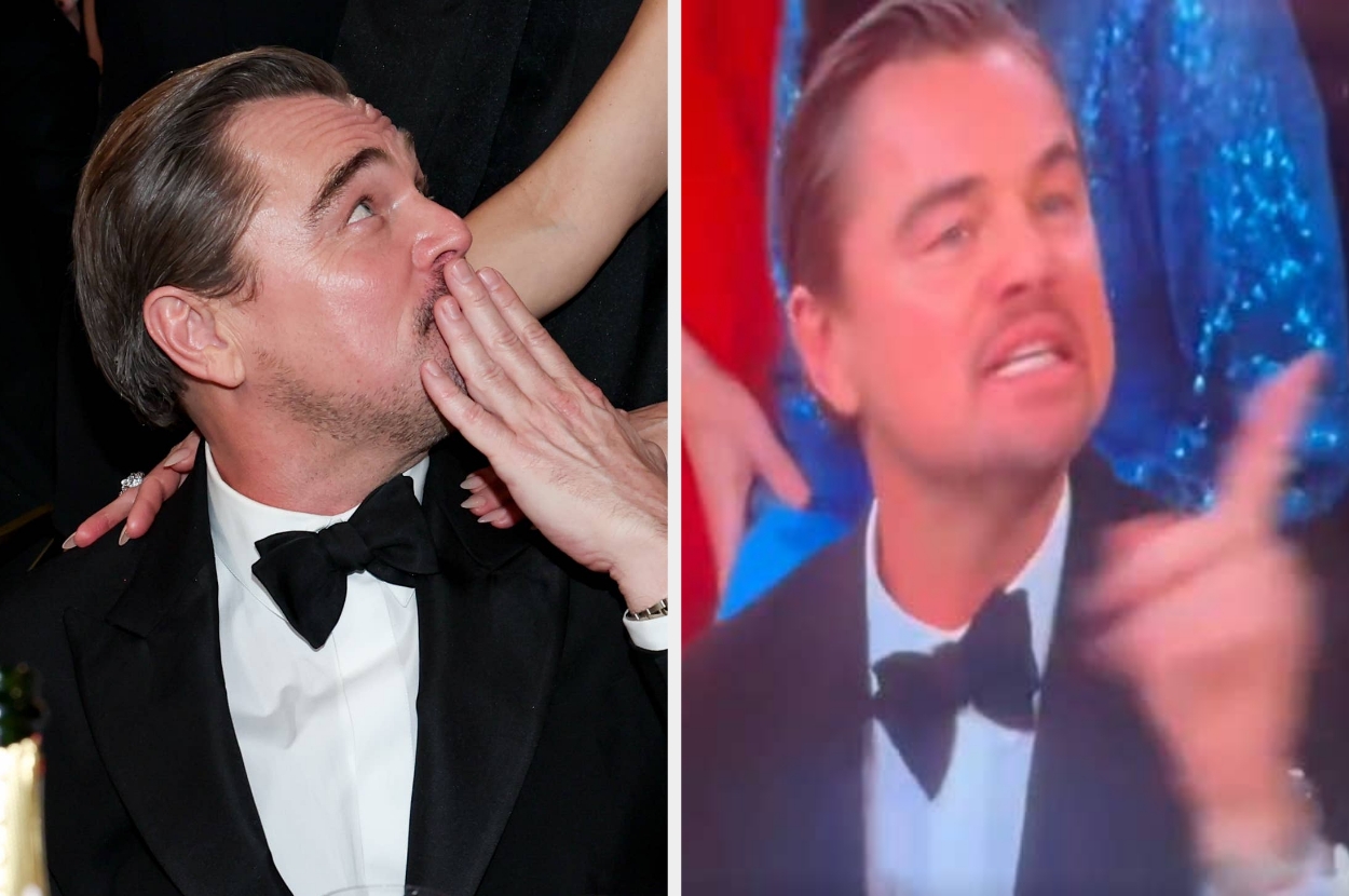 A man in a tuxedo is seated at an event, gesturing expressively. He looks surprised and animated in two different snapshots