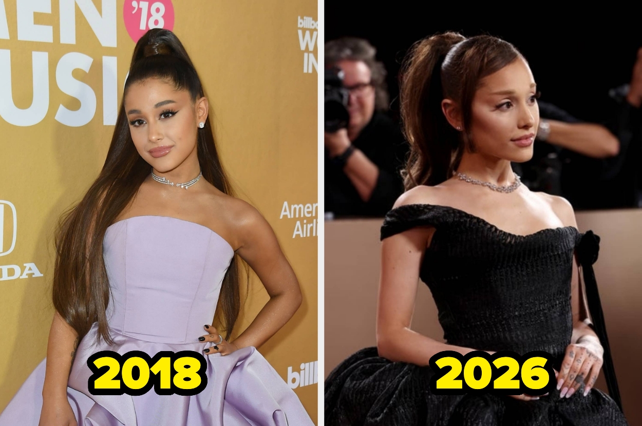 Split image of Ariana Grande in 2018 and in 2026, rocking a high ponytail in both pics
