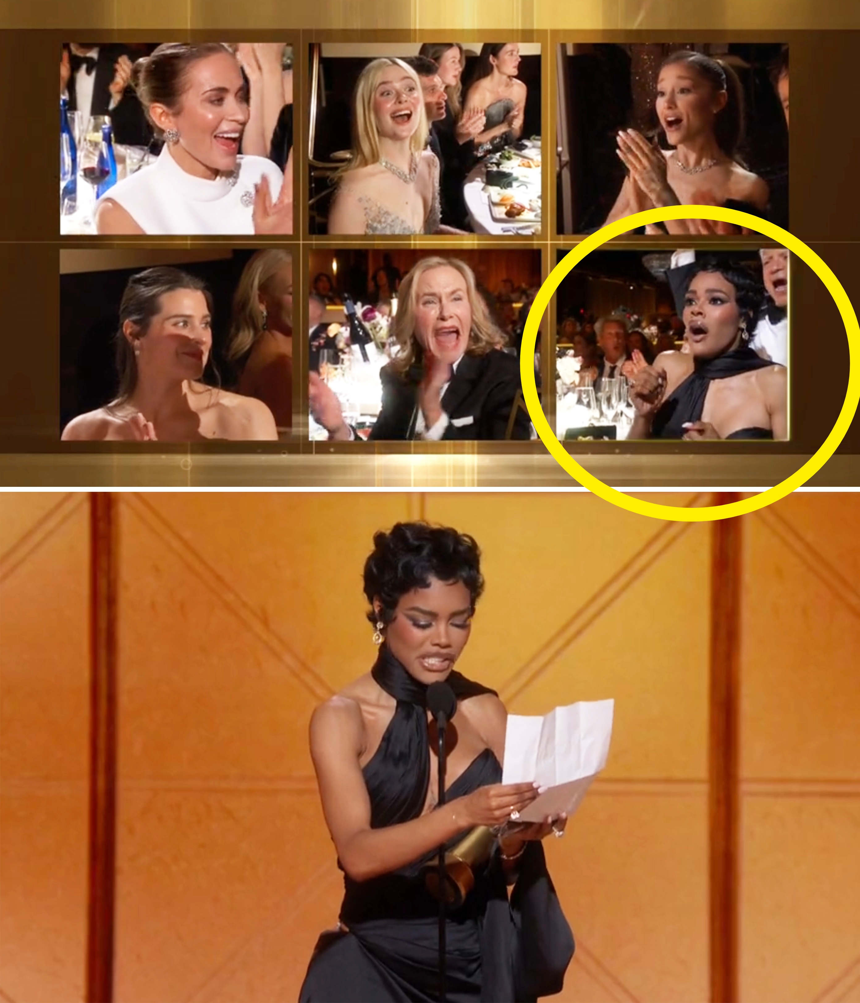 Collage of celebrities reacting with excitement and applauding astatine  an grant  show; a pistillate   reads her acceptance code   connected  signifier    successful  elegant attire
