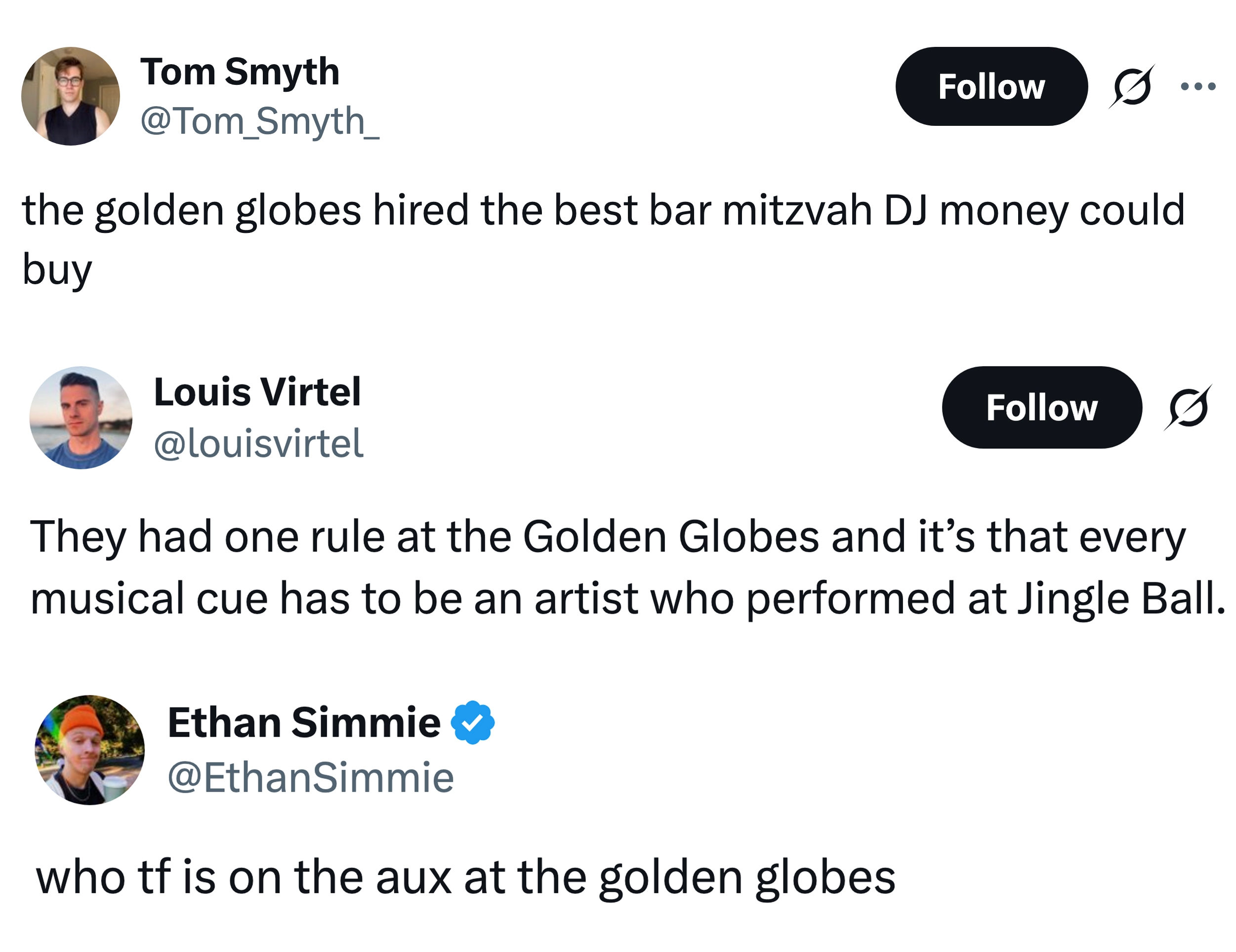 Tweet complaints astir  the Golden Globes DJ euphony  choices, likening it to a barroom  mitzvah and Jingle Ball performance
