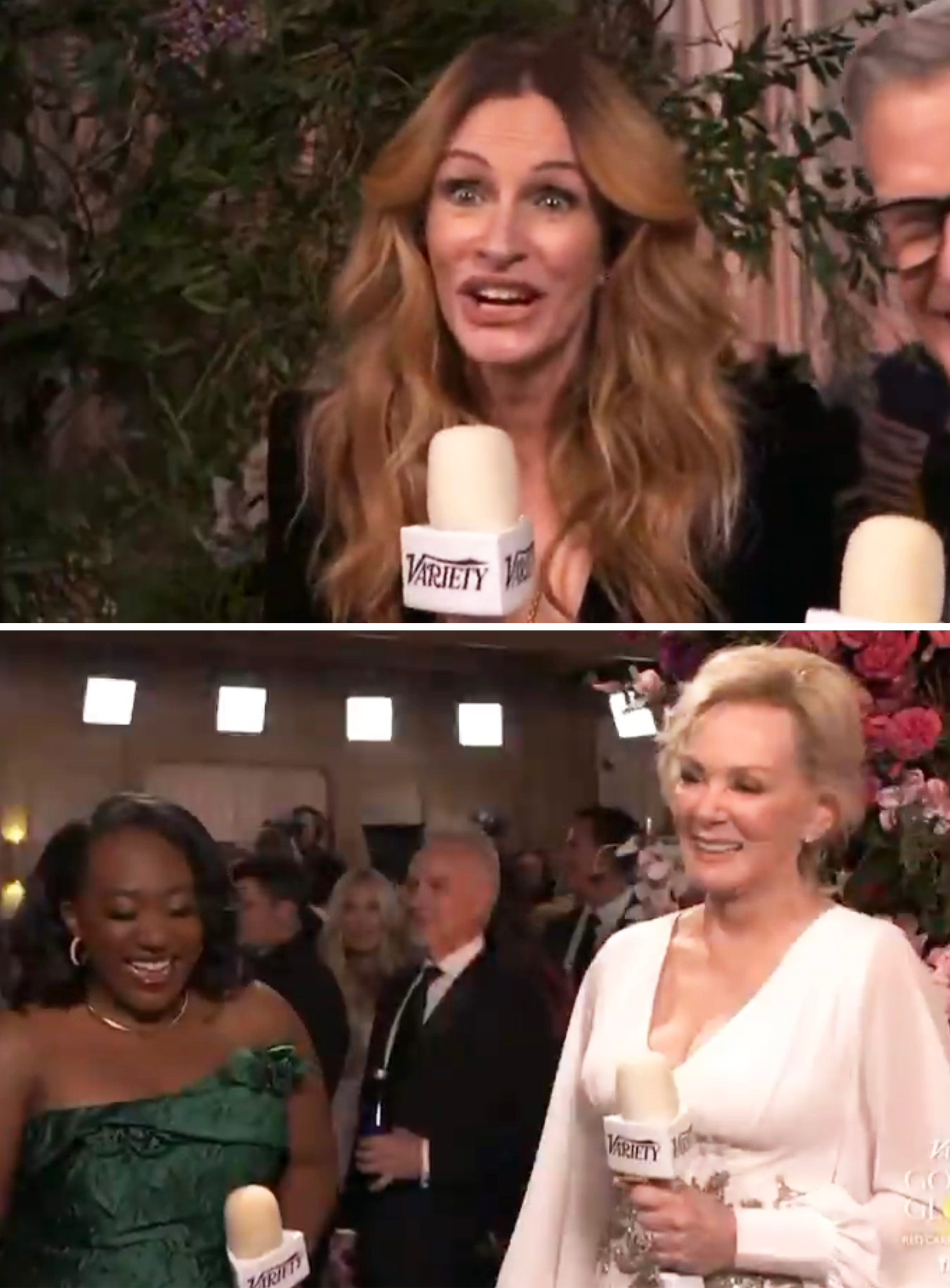 Two women successful  elegant gowns are interviewed astatine  a reddish  carpet event, holding microphones labeled "Variety."