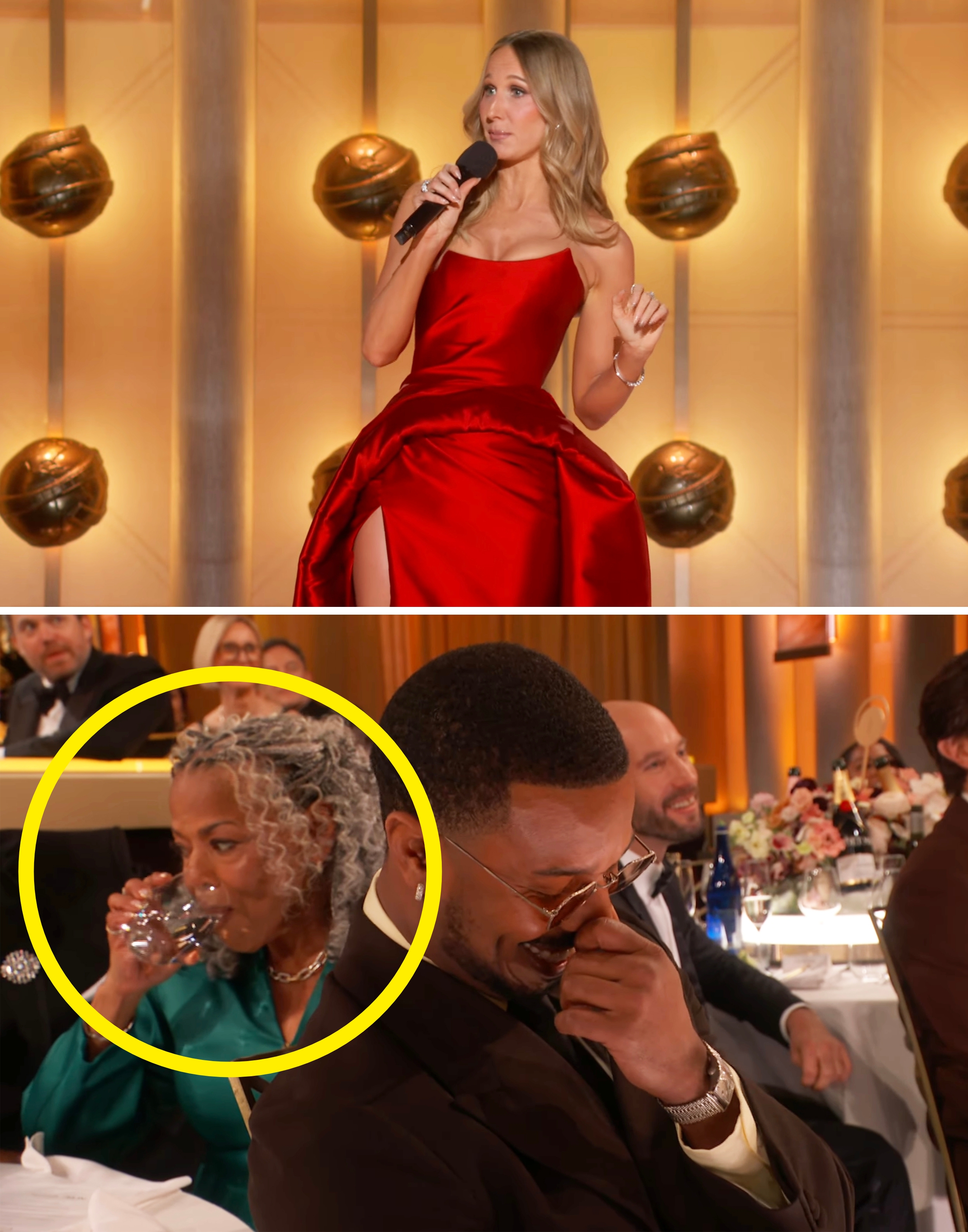 A idiosyncratic   successful  a strapless gown speaks connected  stage; assemblage  members laughter  and smile