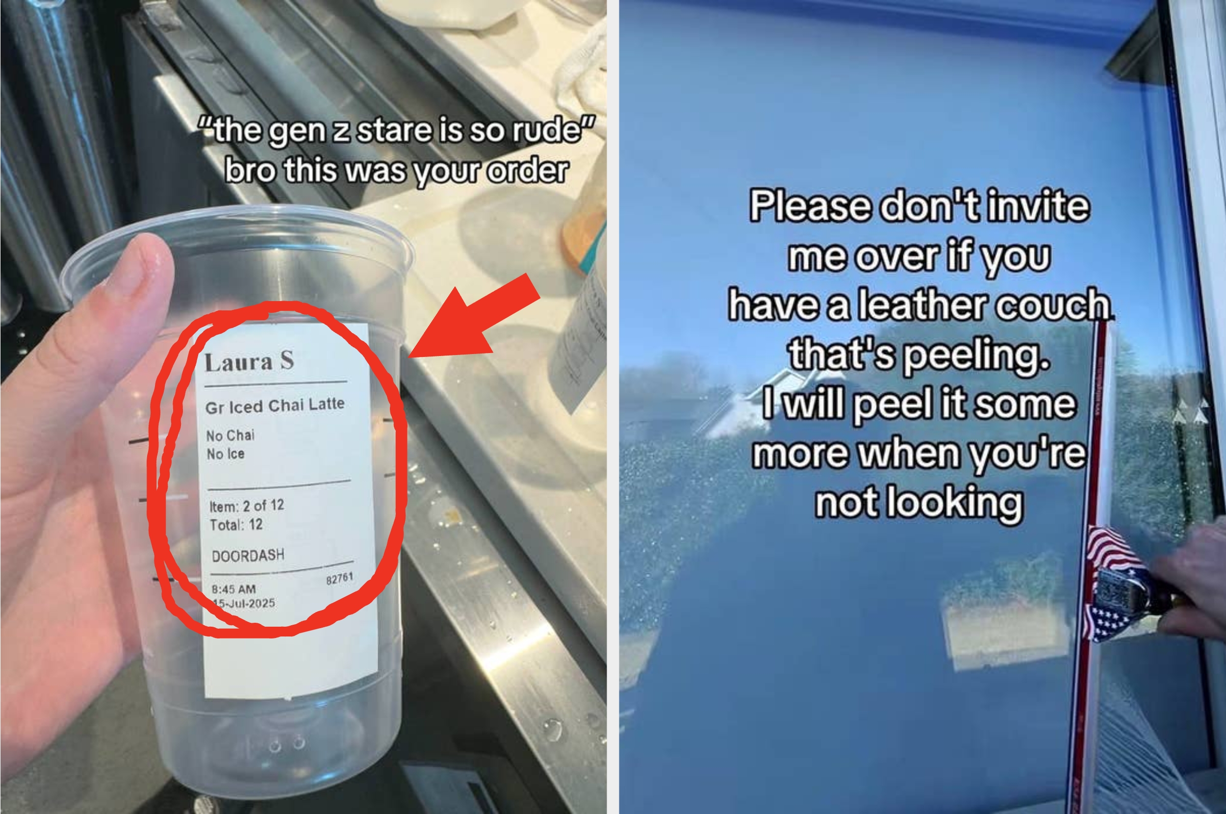 Left: Coffee order labeled "Gen Z stare" with drink details circled. Right: Text humor about peeling leather couches