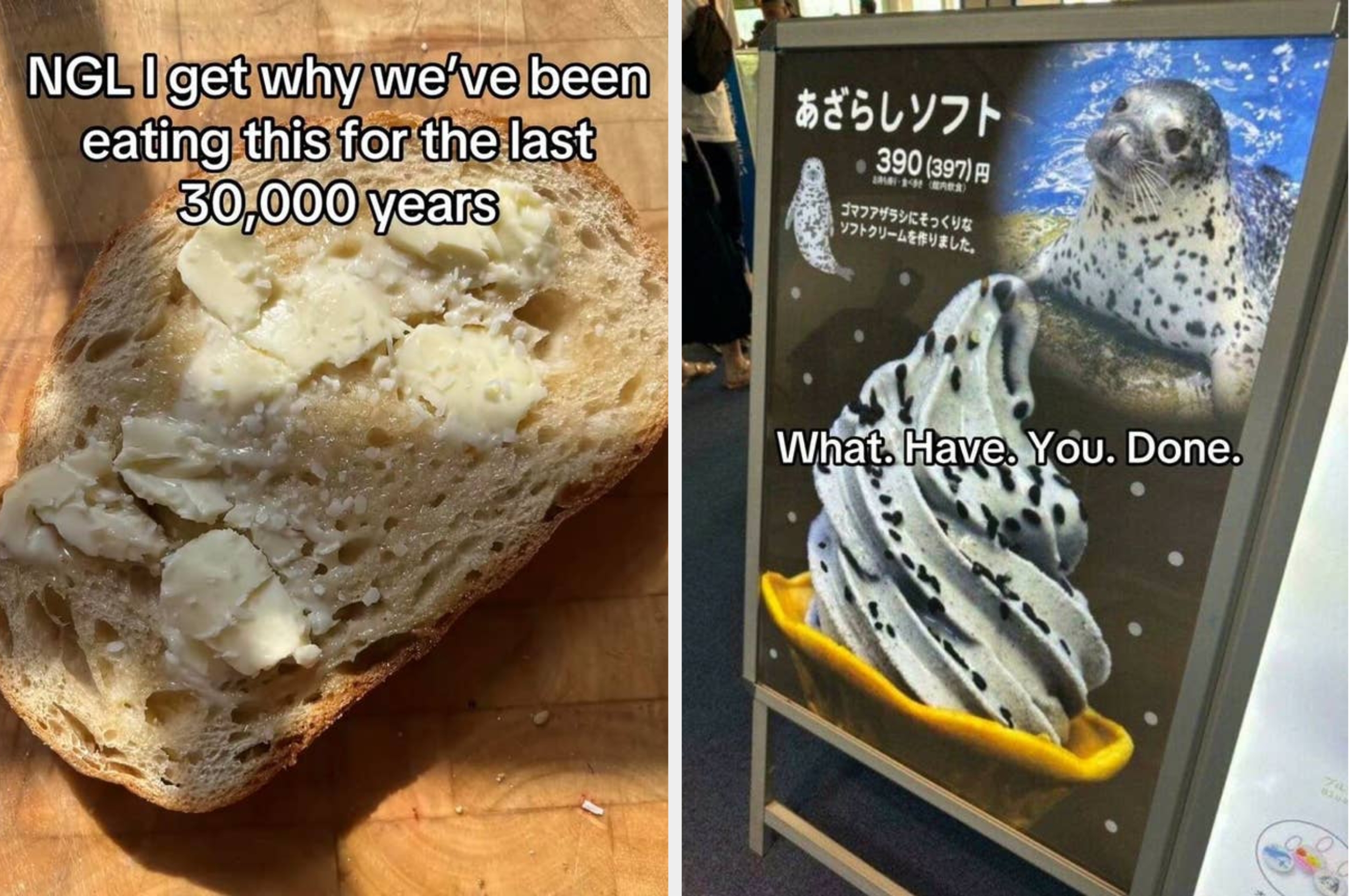 Left: Slice of bread with butter, text jokes about eating it for 30,000 years. Right: Ad shows a seal-themed ice cream, text humorously questions its creation