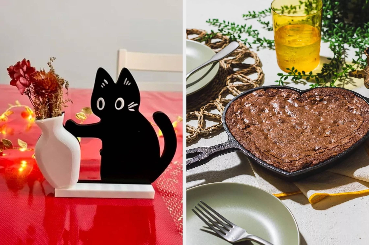 Left: a mini flower vase with a figurine of a cat pushing it over. Right: Heart-shaped brownie in a heart-shaped cast iron pan