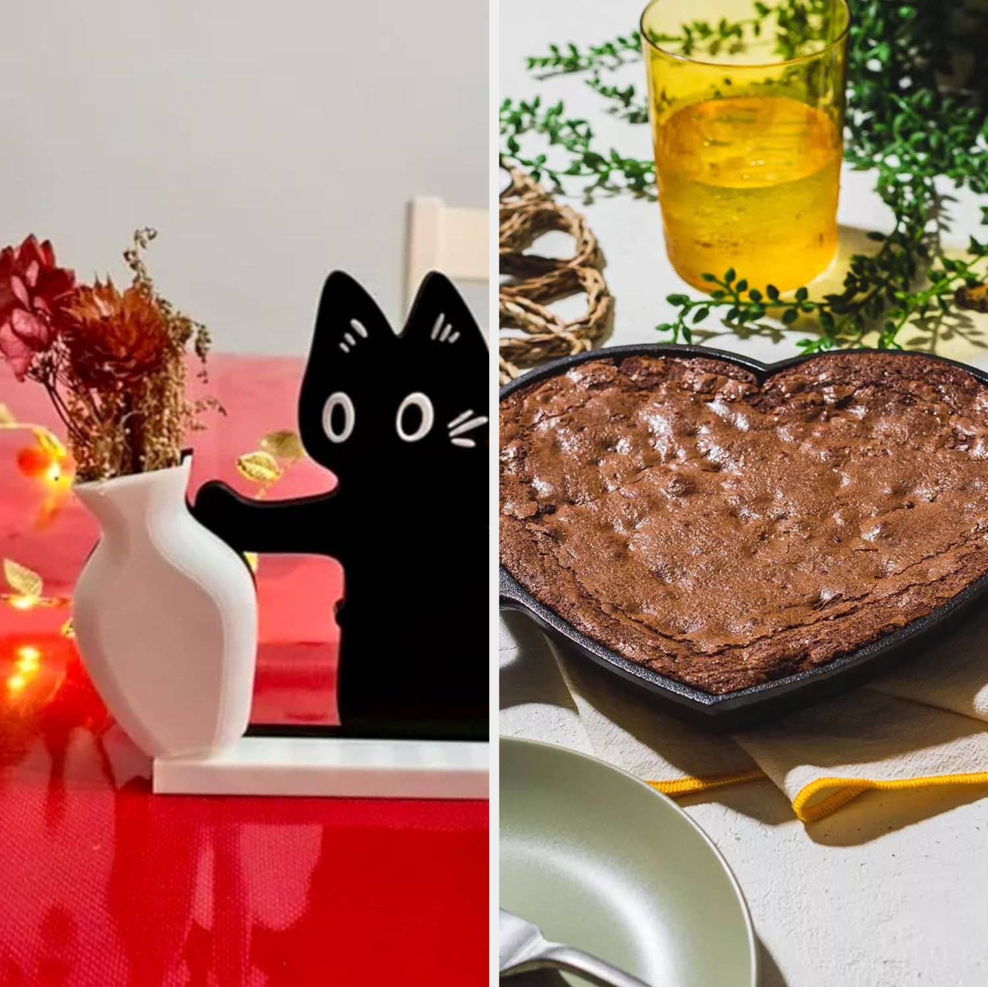 Left: a mini flower vase with a figurine of a cat pushing it over. Right: Heart-shaped brownie in a heart-shaped cast iron pan