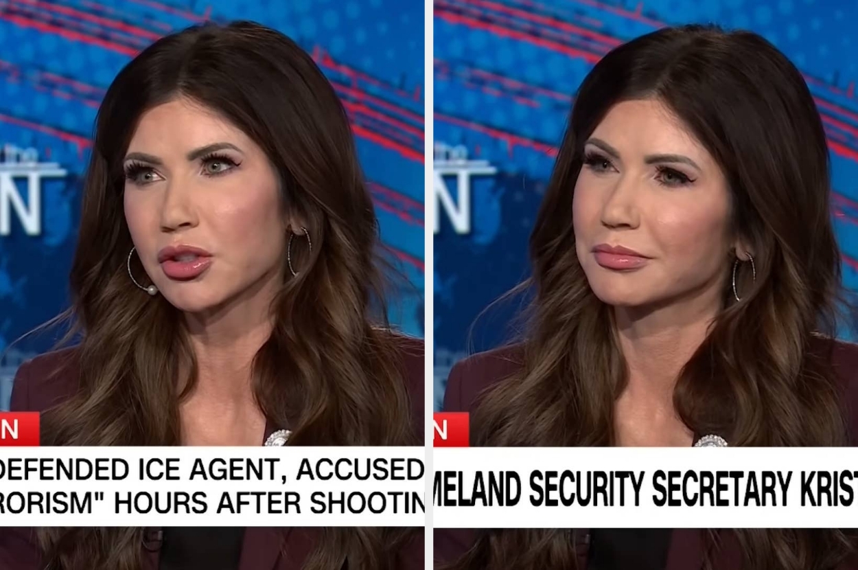 Person speaking during a television interview, discussing a Homeland Security topic. News text includes "Homeland Security Secretary" and refers to a shooting