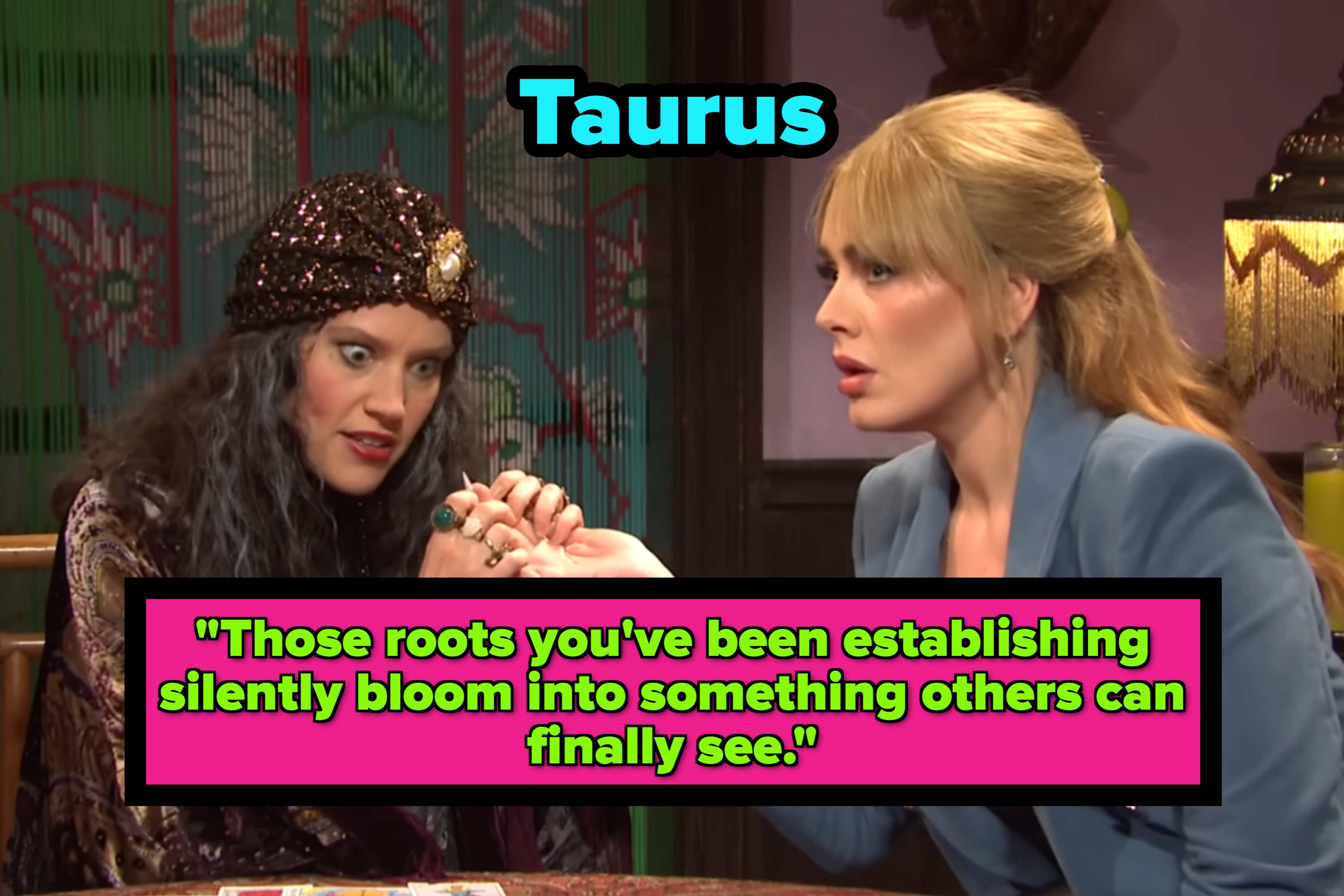 Two people holding hands at a table. Text reads, "Taurus: Those roots you've been establishing silently bloom into something others can finally see."