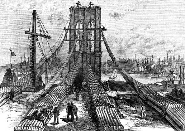 Ilustrasi bersejarah Jembatan Brooklyn yang sedang dibangun, menampilkan pekerja dan kabel di latar depan dengan cakrawala kota di kejauhan