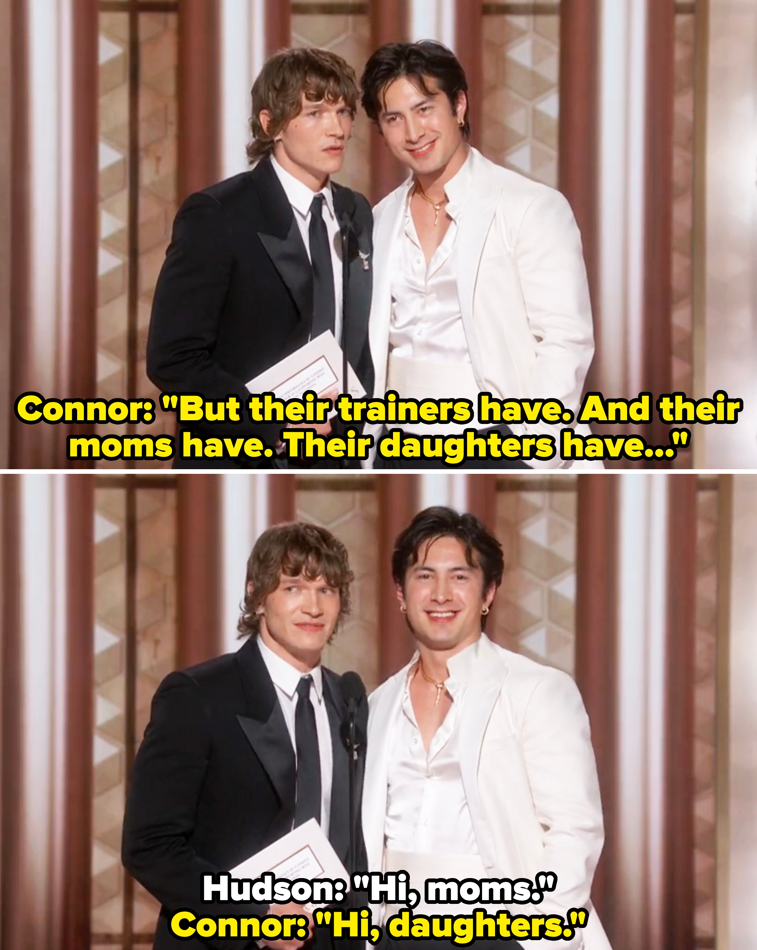 Two men successful  tuxedos smiling connected  signifier    astatine  an awards show. One wears a classical  tuxedo, the different   successful  an open-collared garment  with a achromatic  suit   jacket