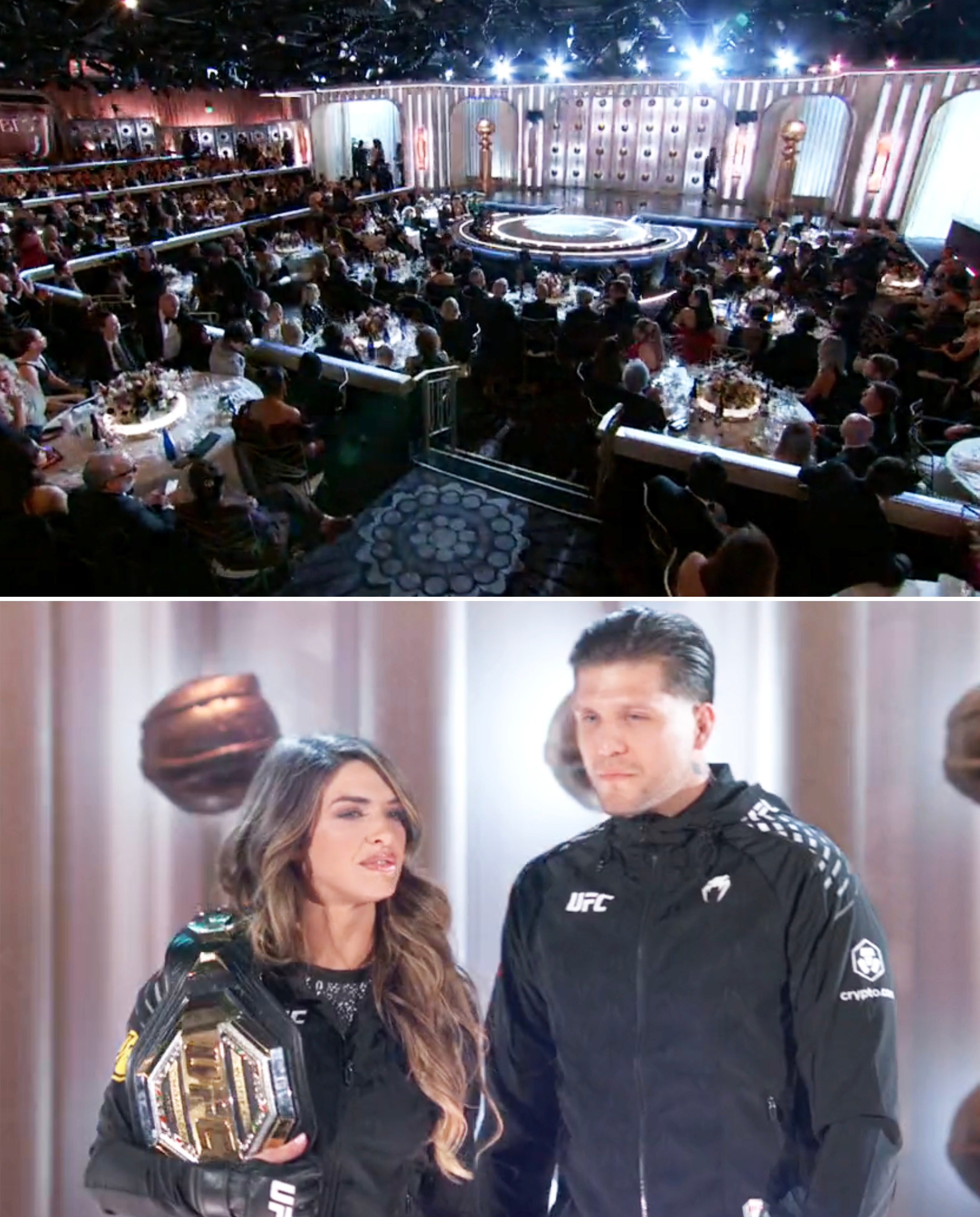 Awards ceremonial  with a ample  audience; 2  individuals successful  sporty outfits, 1  holding a title  belt