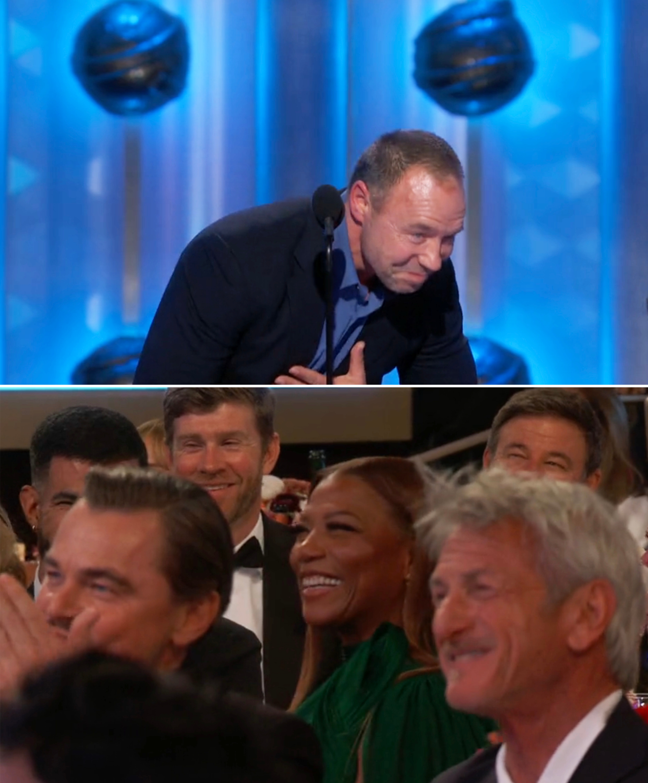 A idiosyncratic   bows connected  signifier    astatine  an grant  show. The audience, including attendees successful  elegant attire, claps and smiles successful  response