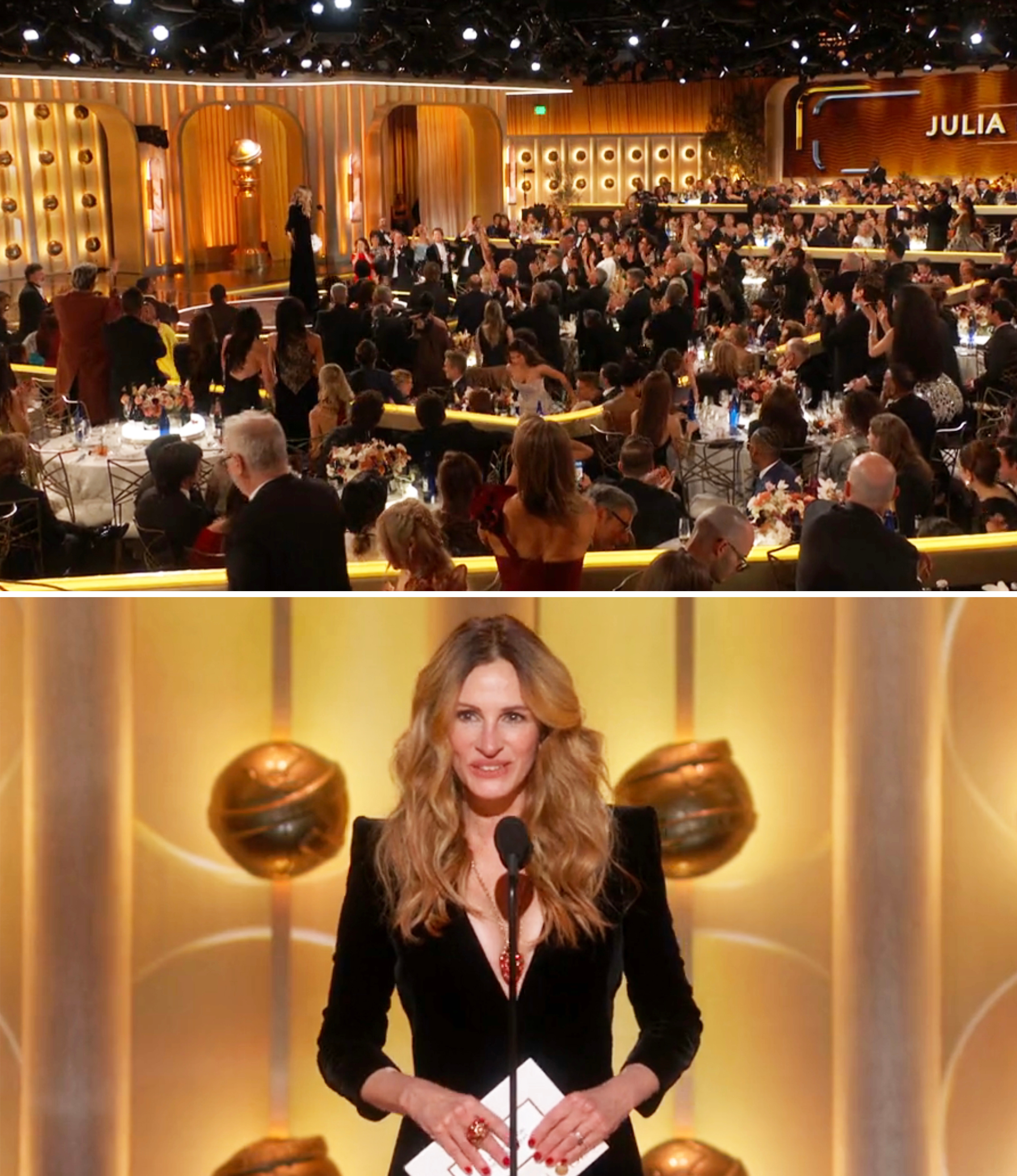 A personage  successful  elegant attire presents astatine  an awards ceremony. The assemblage  is seated astatine  circular  tables successful  a large, decorated venue