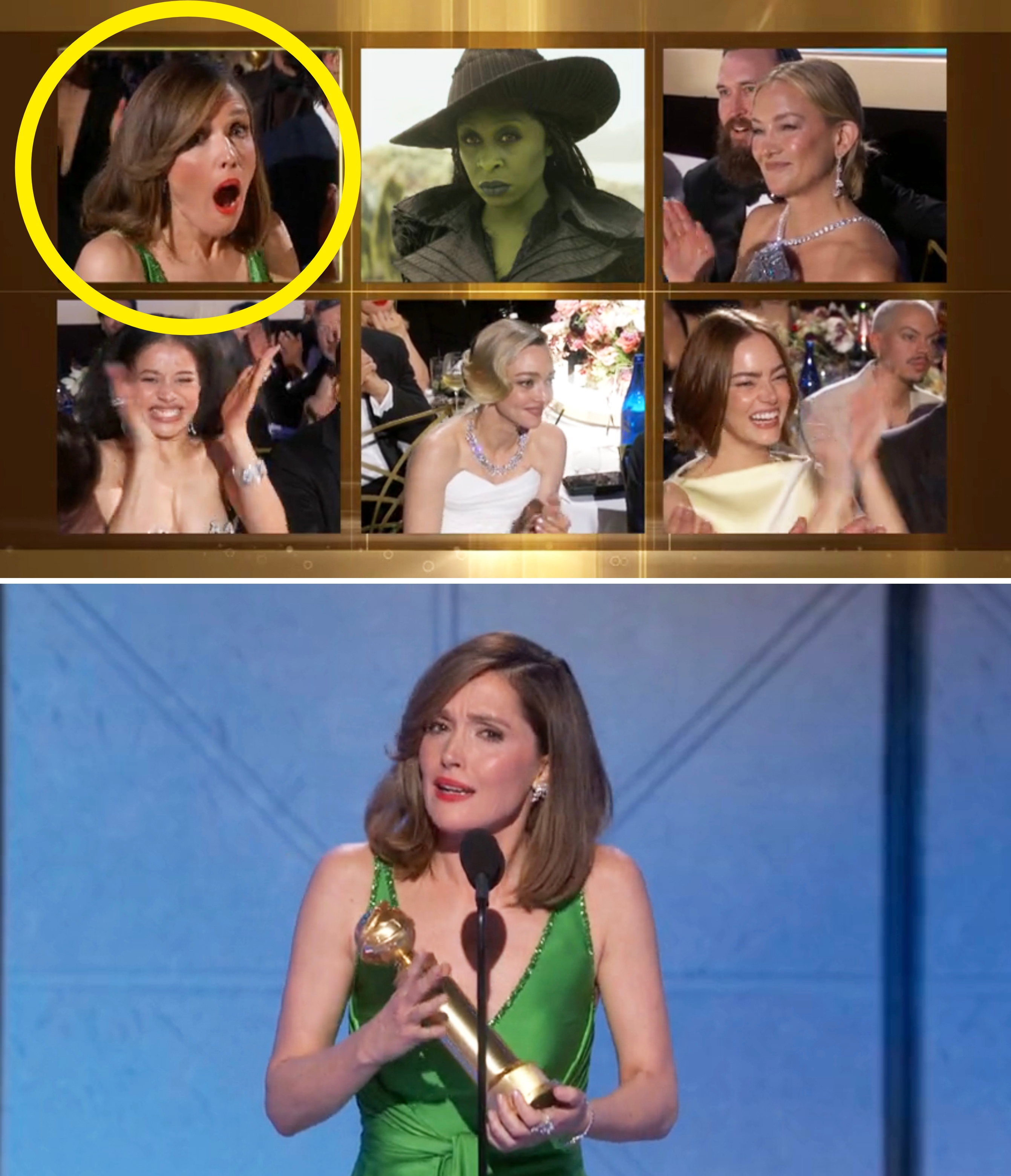 Collage of actors' reactions astatine  an awards show; a pistillate   successful  a greenish  formal  accepts an grant  connected  stage