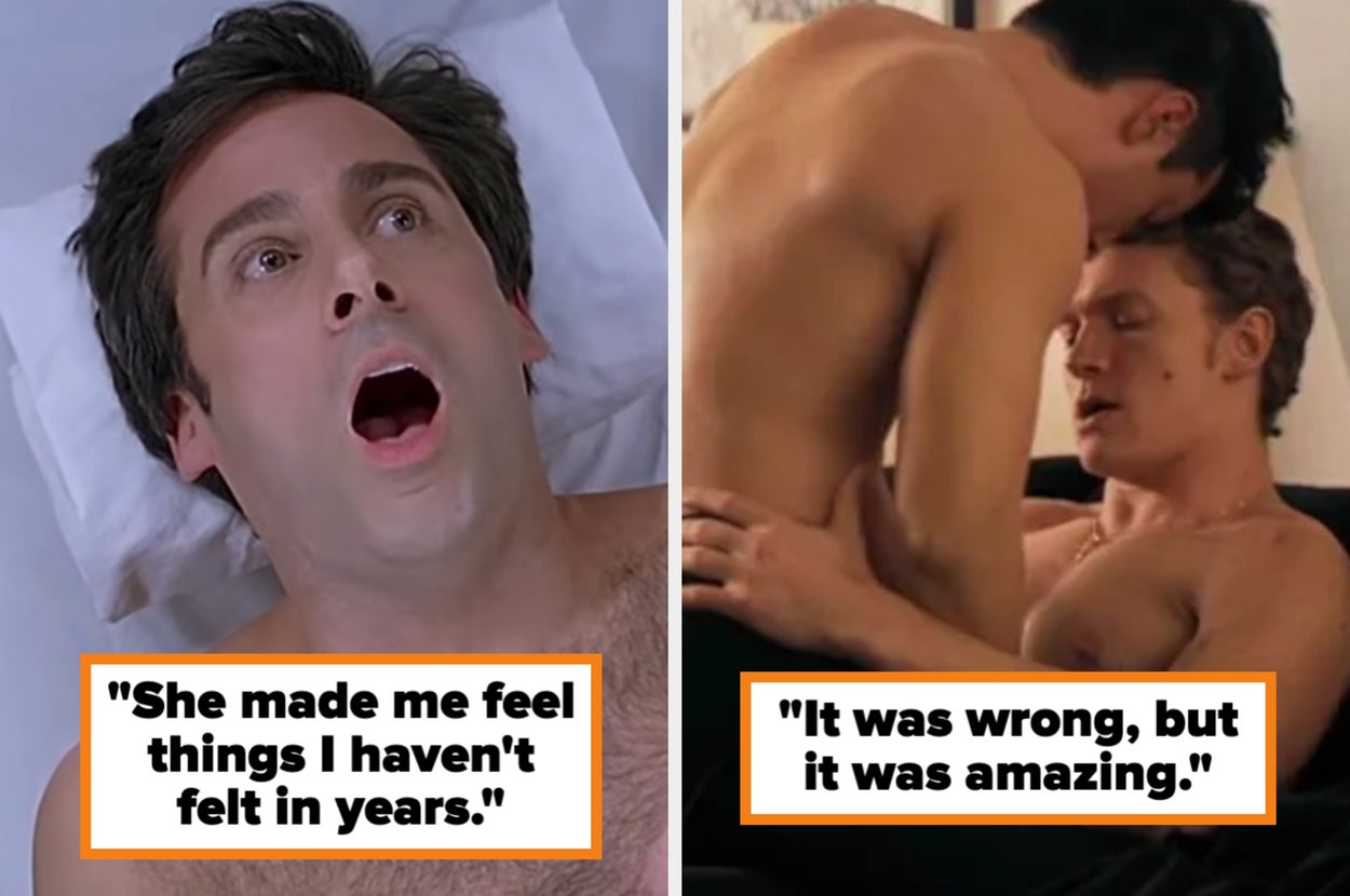 Split image: Left shows a surprised man with text, "She made me feel things I haven't felt in years." Right shows a couple kissing with text, "It was wrong, but it was amazing."